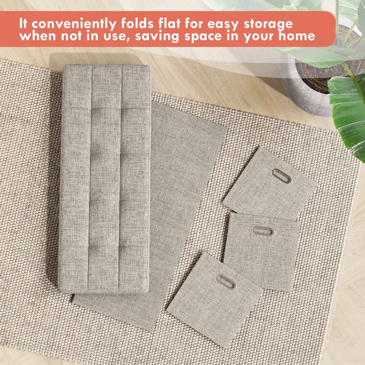 Foldable Tufted Linen Long Bench Storage Ottoman with 3 Drawers