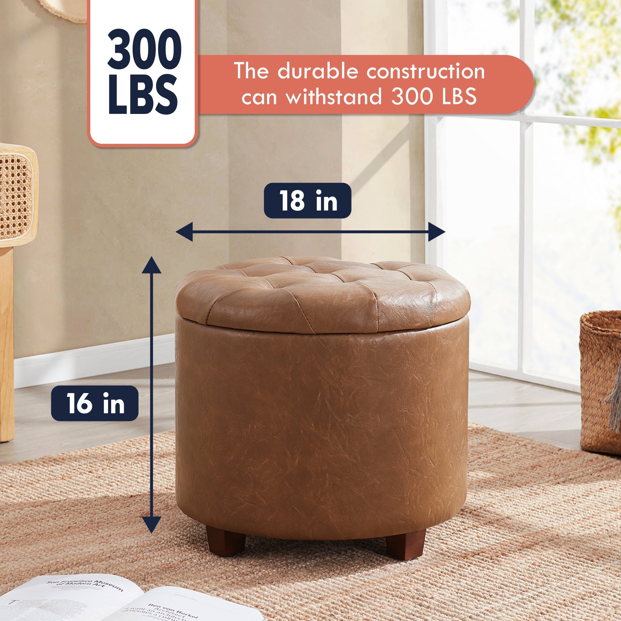 Donovan Round Tufted Faux Leather Storage Ottoman