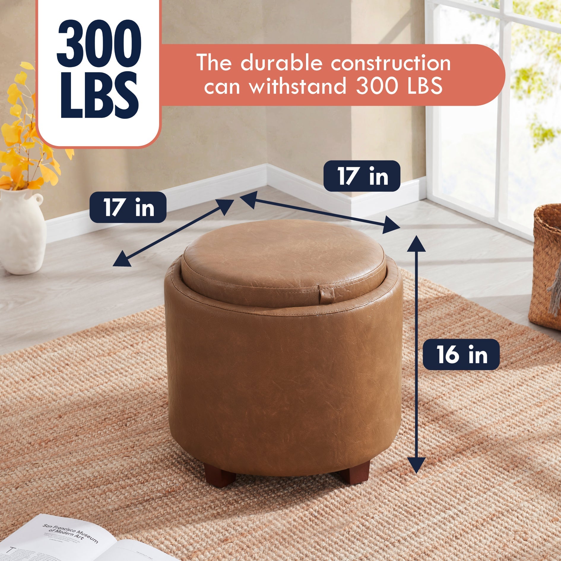 Lawrence Round Faux Leather Storage Ottoman with Table Top Lid - Mocha
