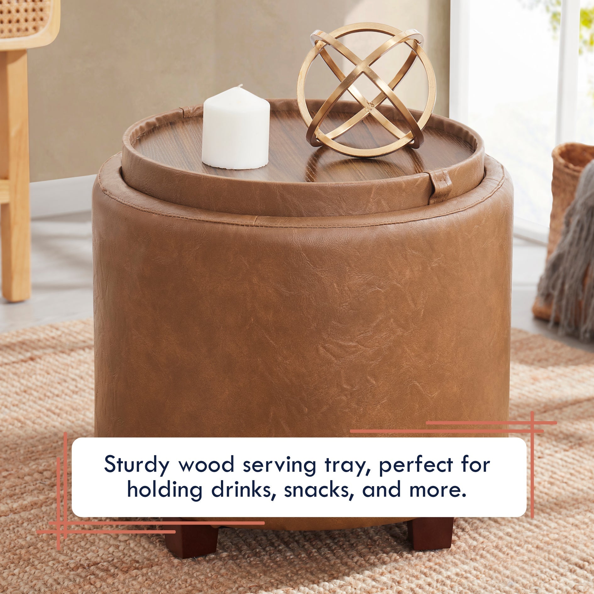 Lawrence Round Faux Leather Storage Ottoman with Table Top Lid - Mocha