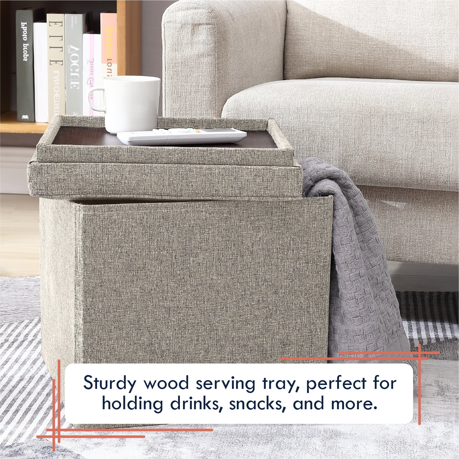 Foldable Tufted Linen Square Storage Ottoman with Table Top Lid