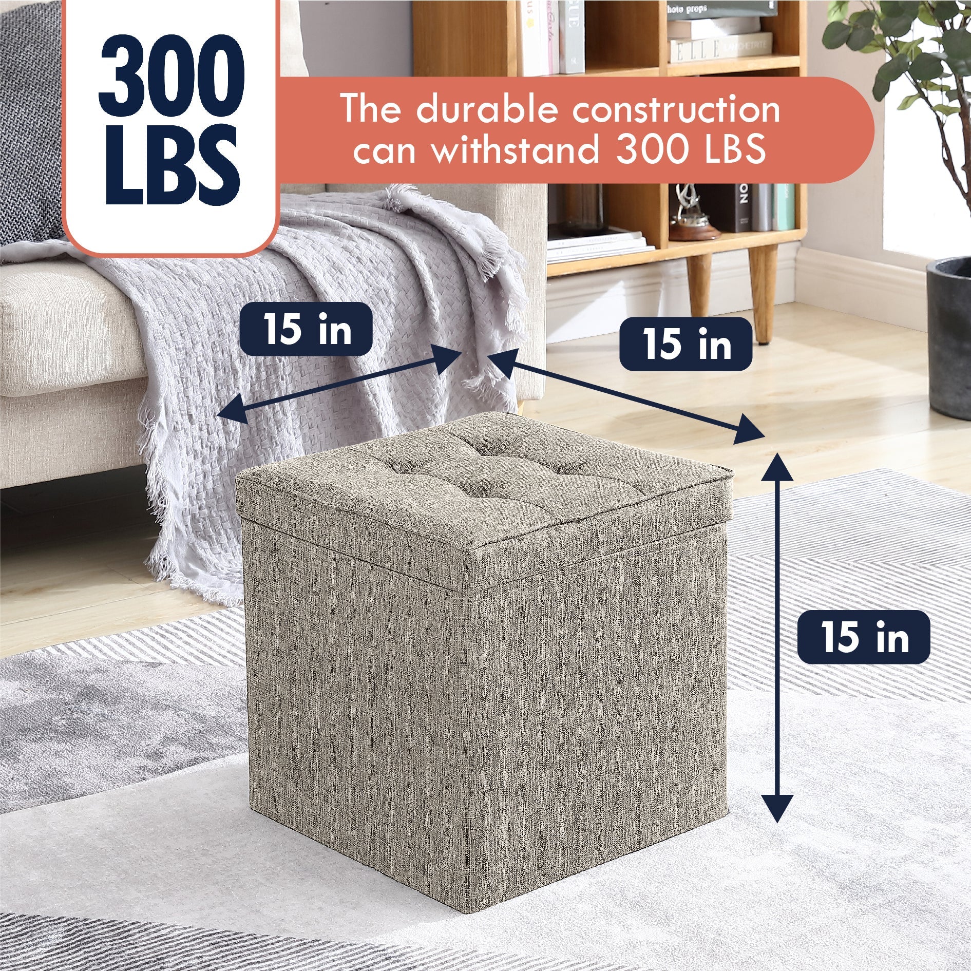 Foldable Tufted Linen Square Storage Ottoman with Table Top Lid