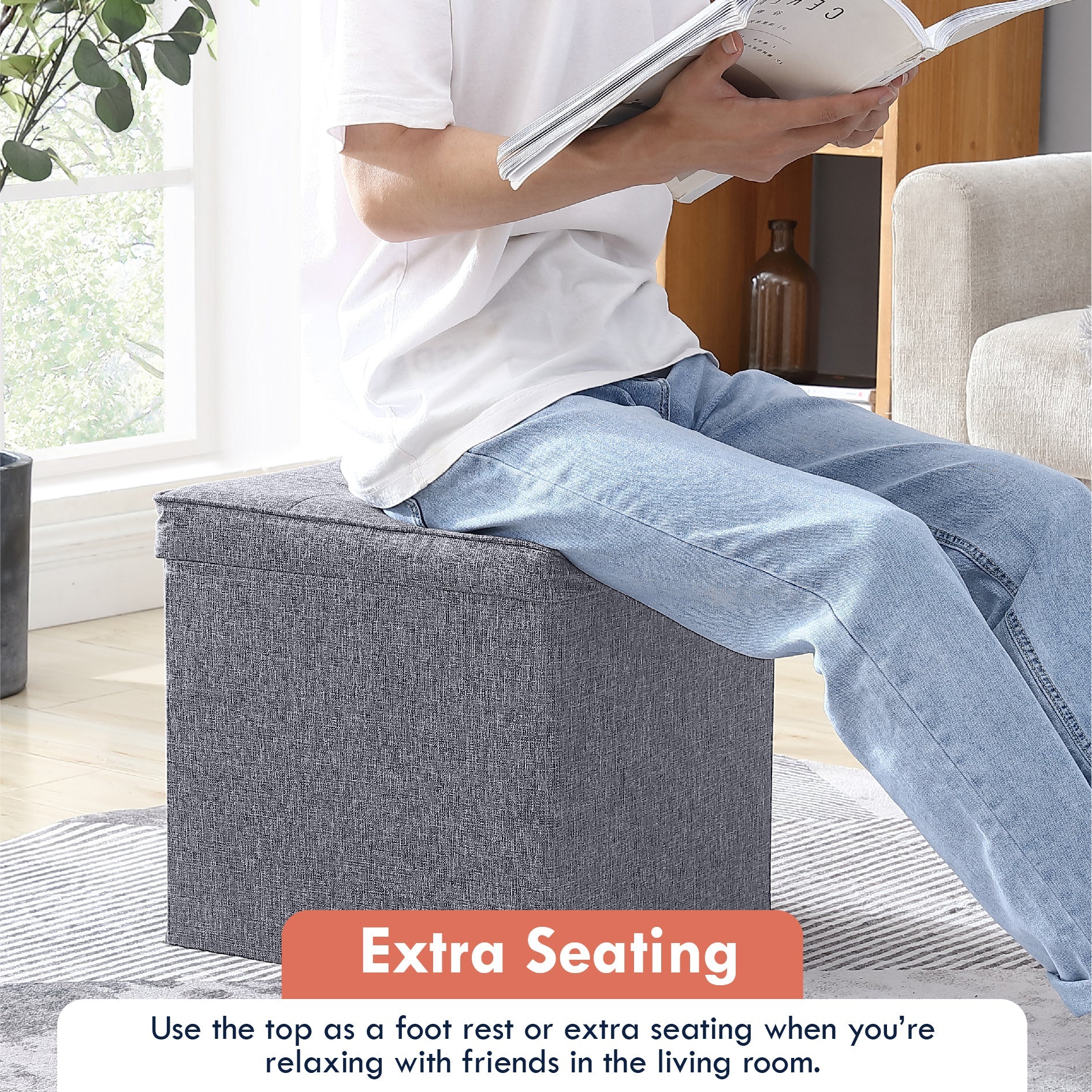 Collapsible Tufted Linen Square Coffee Table Storage Ottoman - Gray