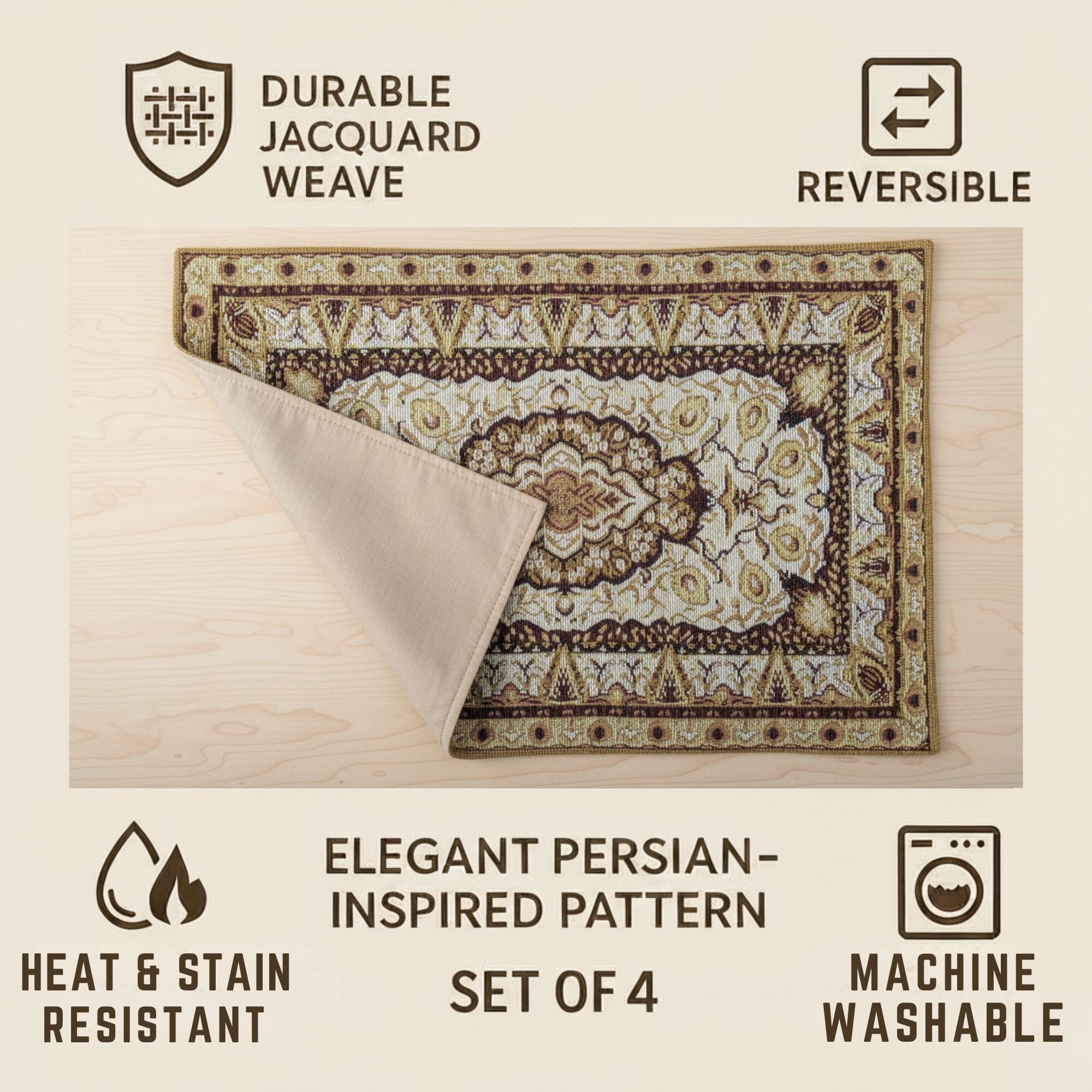 Set of 4-6 Pieces Royal Persian Style Rug Golden Brown Floral Tapestry Placemats 13" x 19" (18119)