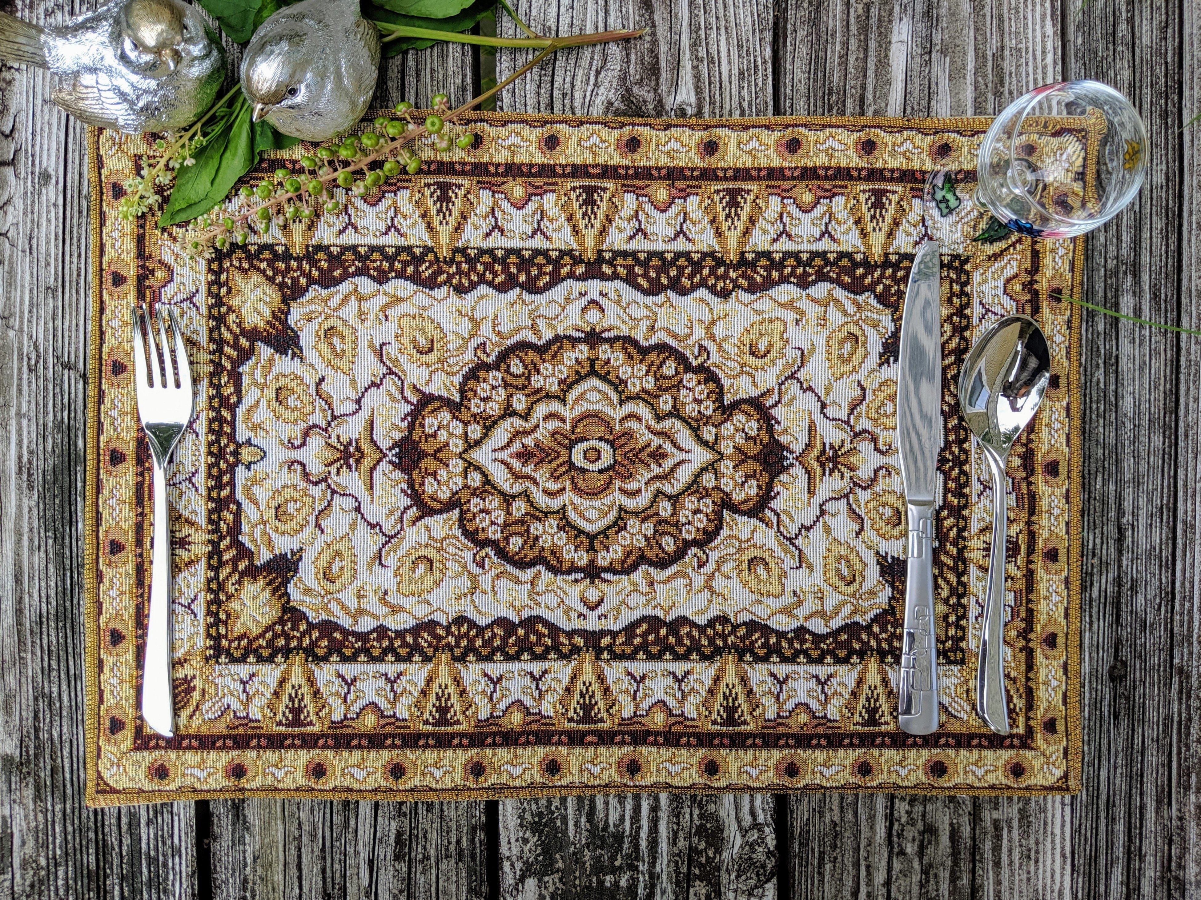 Set of 4-6 Pieces Royal Persian Style Rug Golden Brown Floral Tapestry Placemats 13" x 19" (18119)