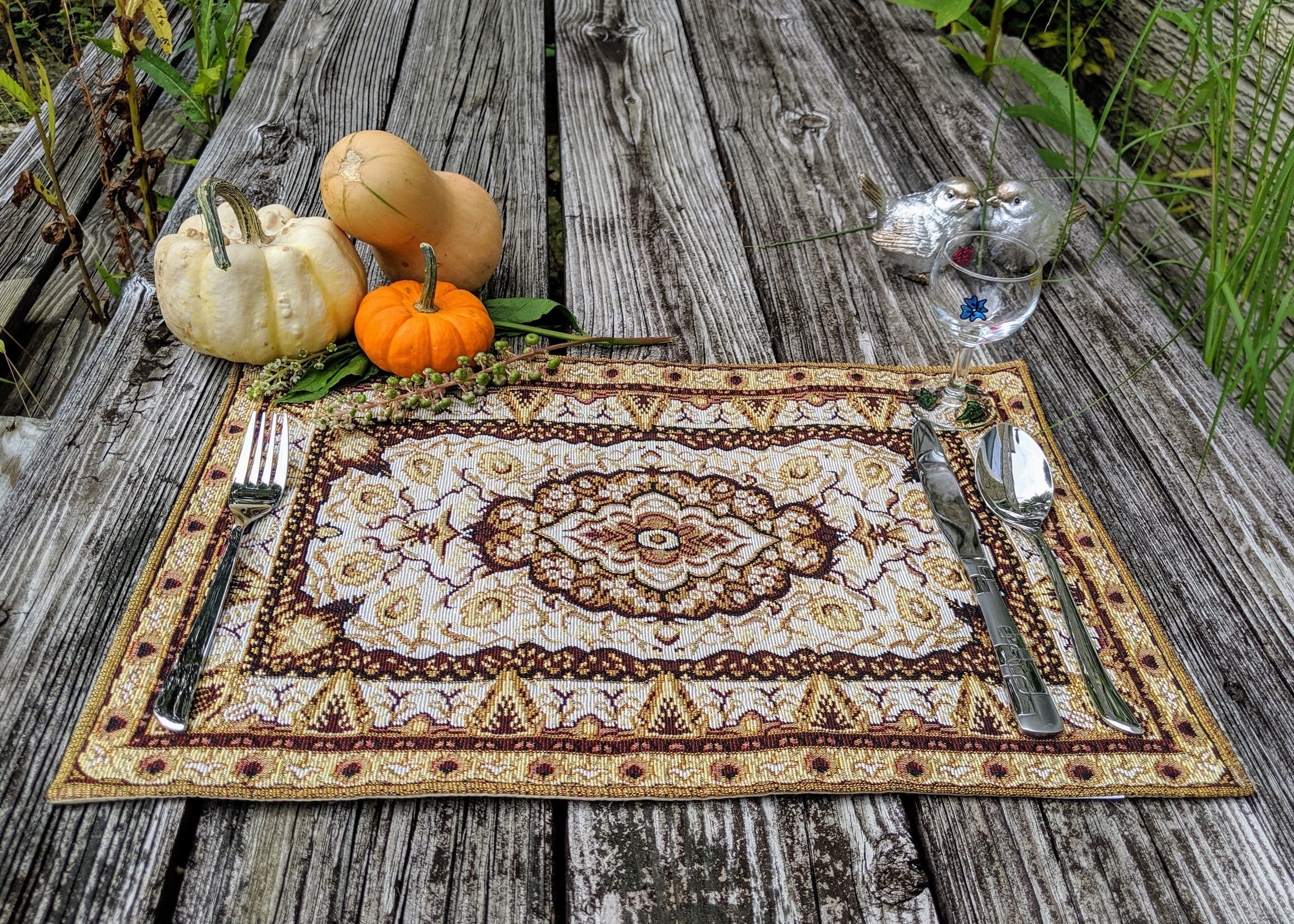 Set of 4-6 Pieces Royal Persian Style Rug Golden Brown Floral Tapestry Placemats 13" x 19" (18119)