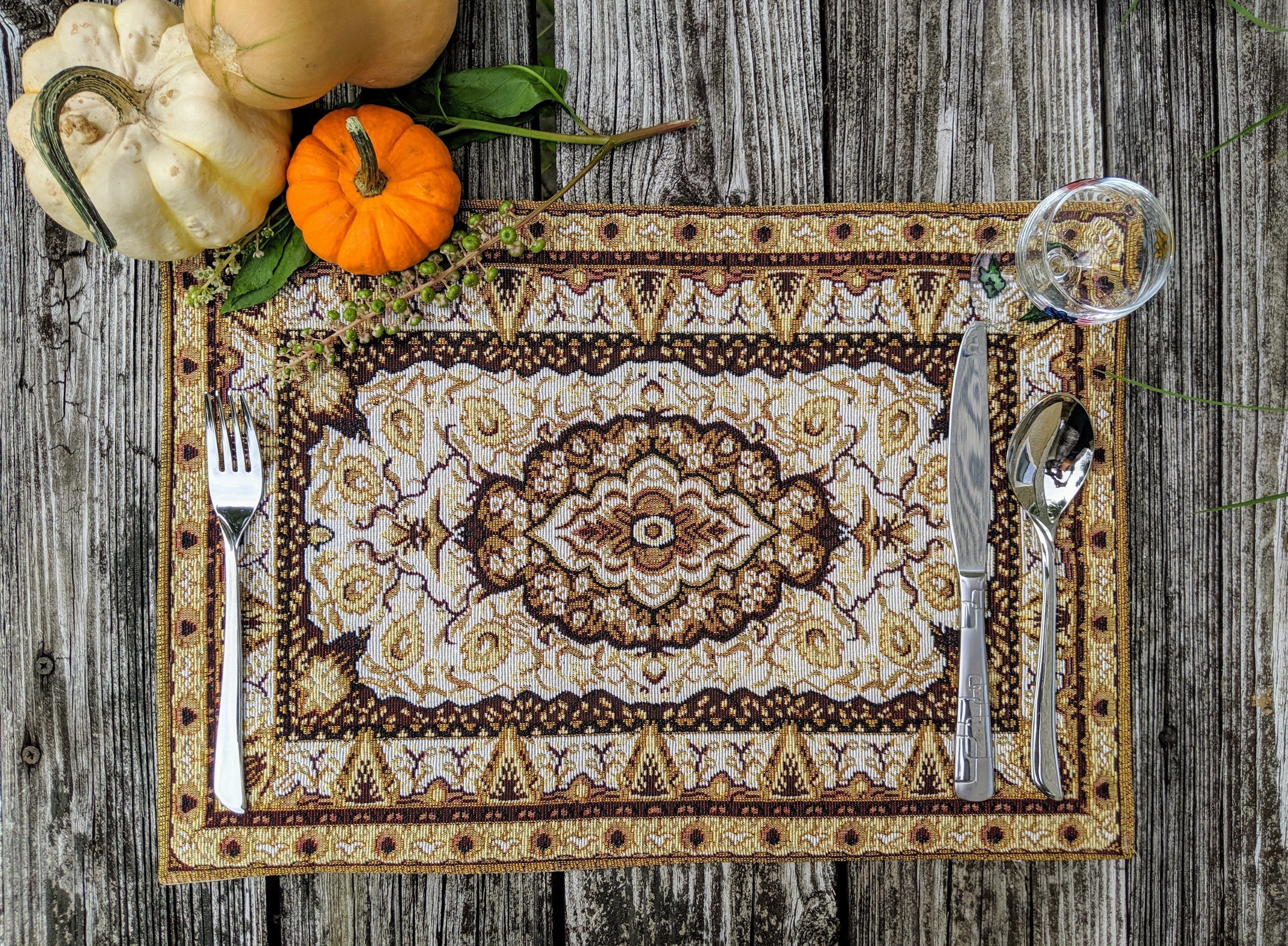 Set of 4-6 Pieces Royal Persian Style Rug Golden Brown Floral Tapestry Placemats 13" x 19" (18119)