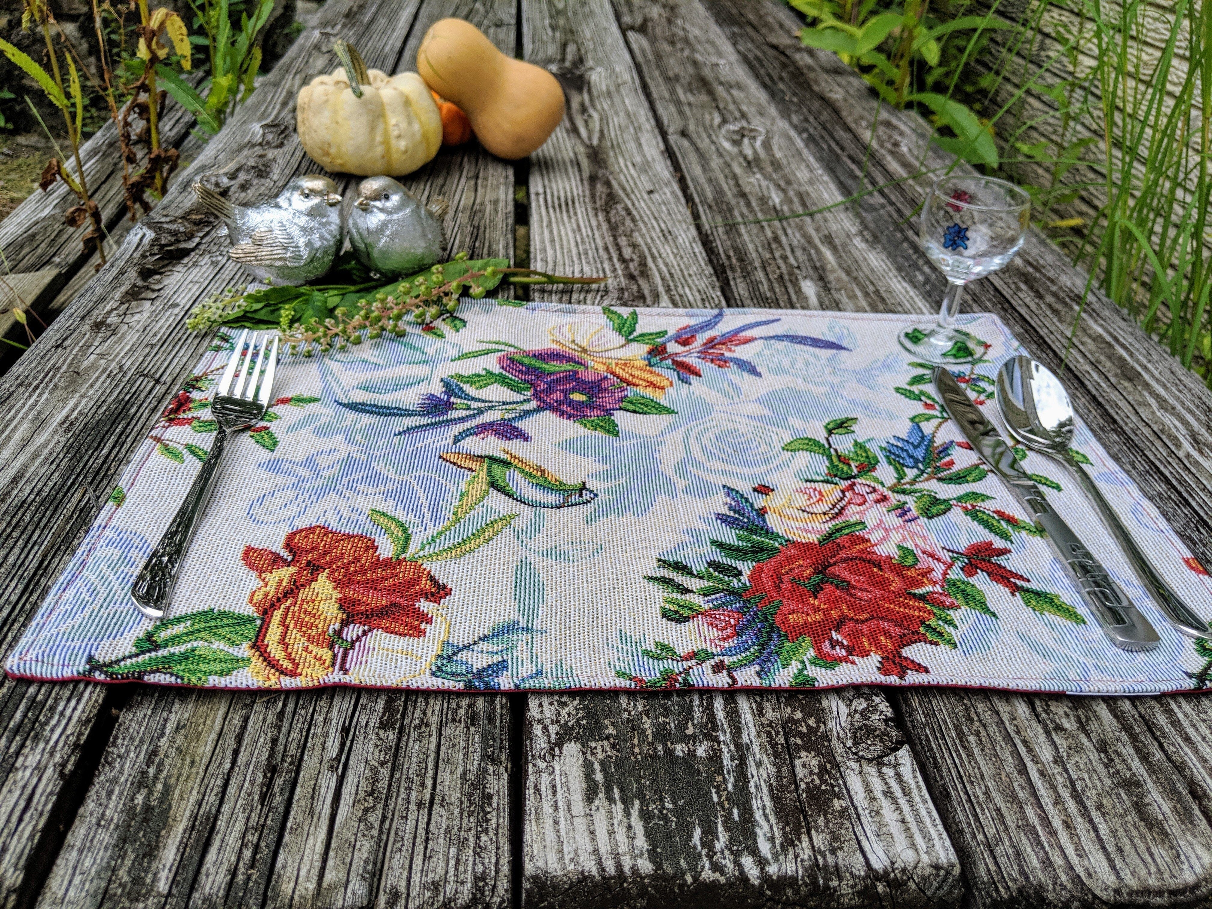 Set of 4-Pieces Tropical Sky Blue Birds Floral Tapestry Dining Table Placemats 13" x 19" (18116)