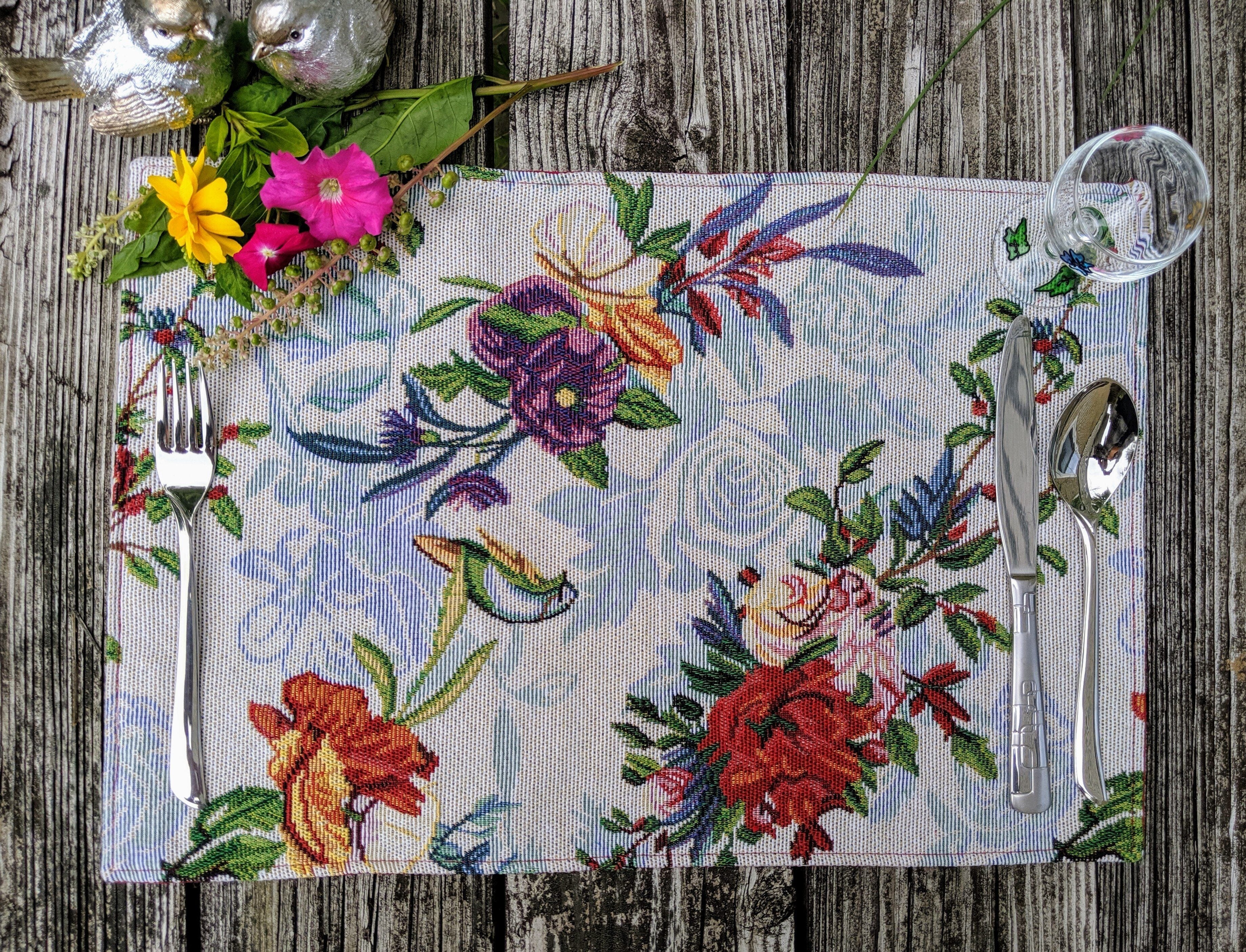 Set of 4-Pieces Tropical Sky Blue Birds Floral Tapestry Dining Table Placemats 13" x 19" (18116)