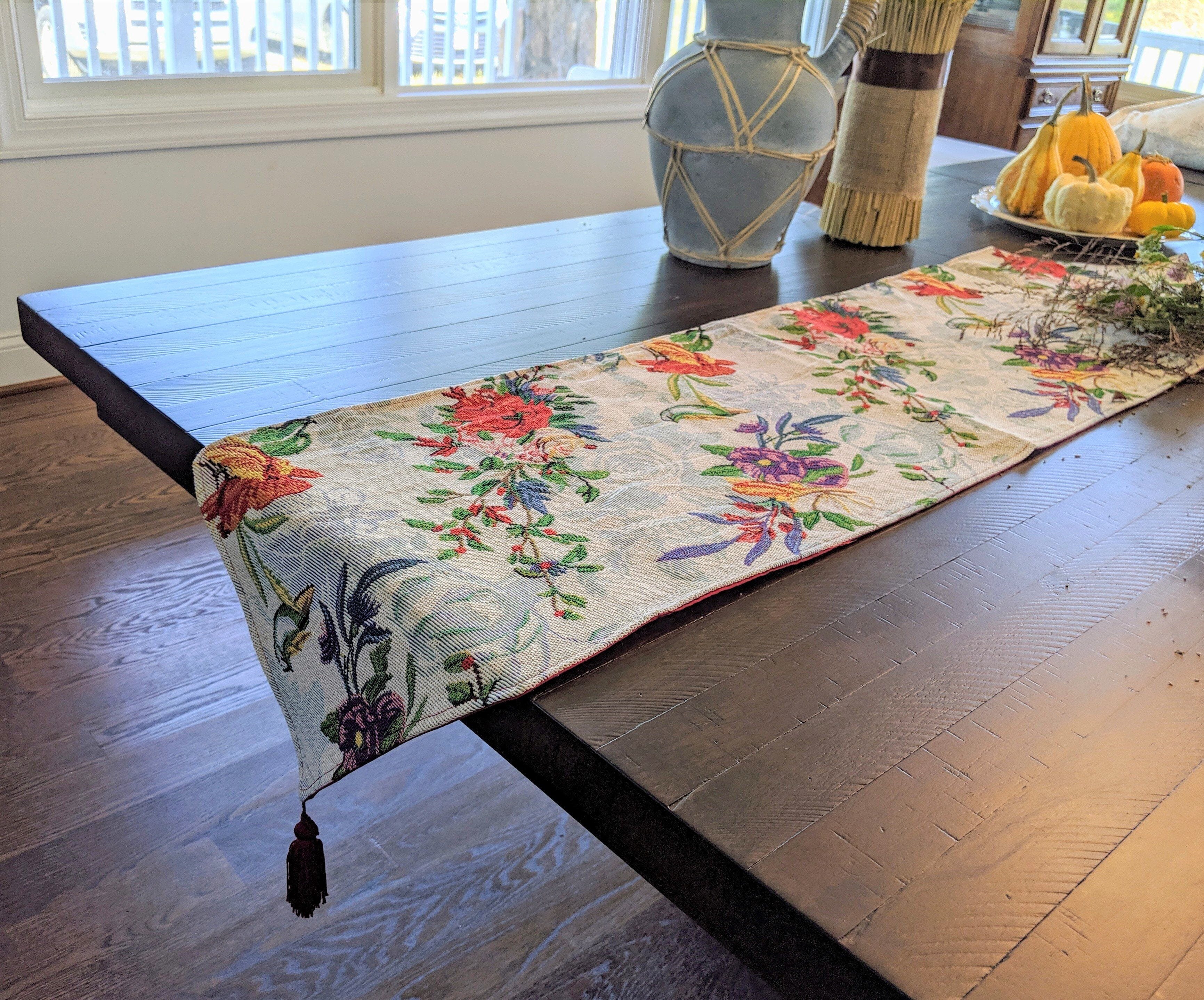 Floral Roses Tropical Paradise Birds Woven Tapestry Dining Table Runner (18116)