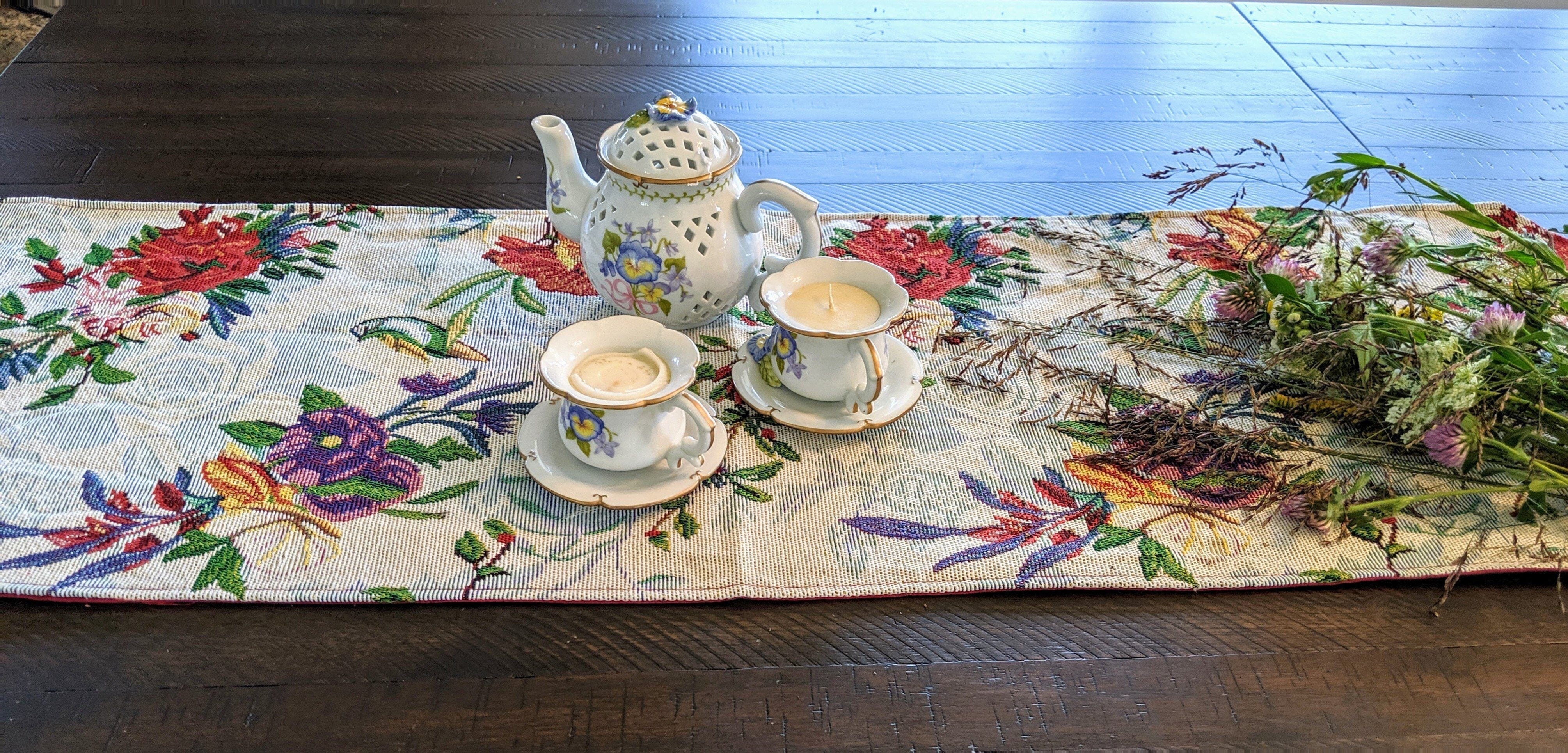Floral Roses Tropical Paradise Birds Woven Tapestry Dining Table Runner (18116)
