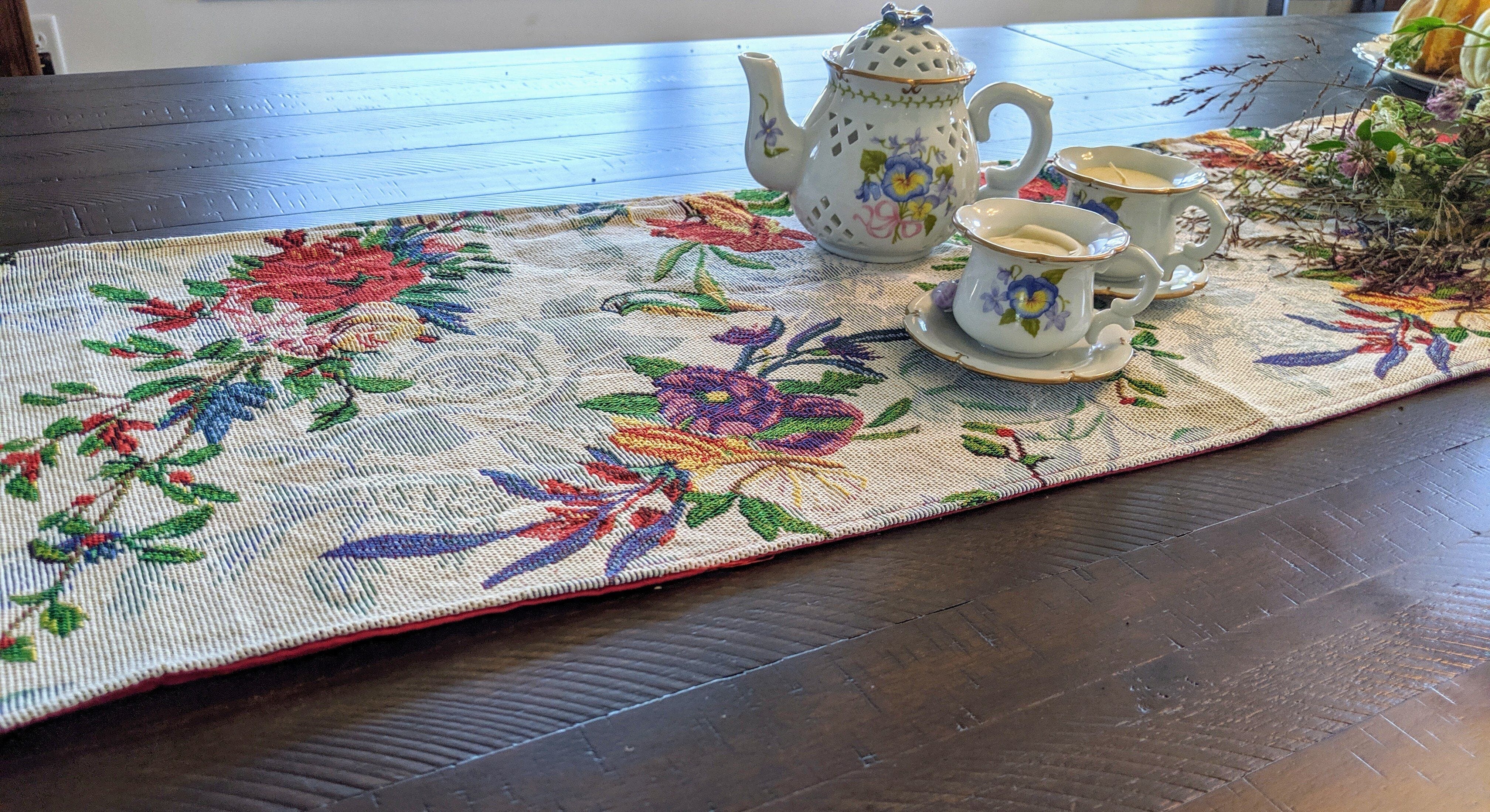 Floral Roses Tropical Paradise Birds Woven Tapestry Dining Table Runner (18116)
