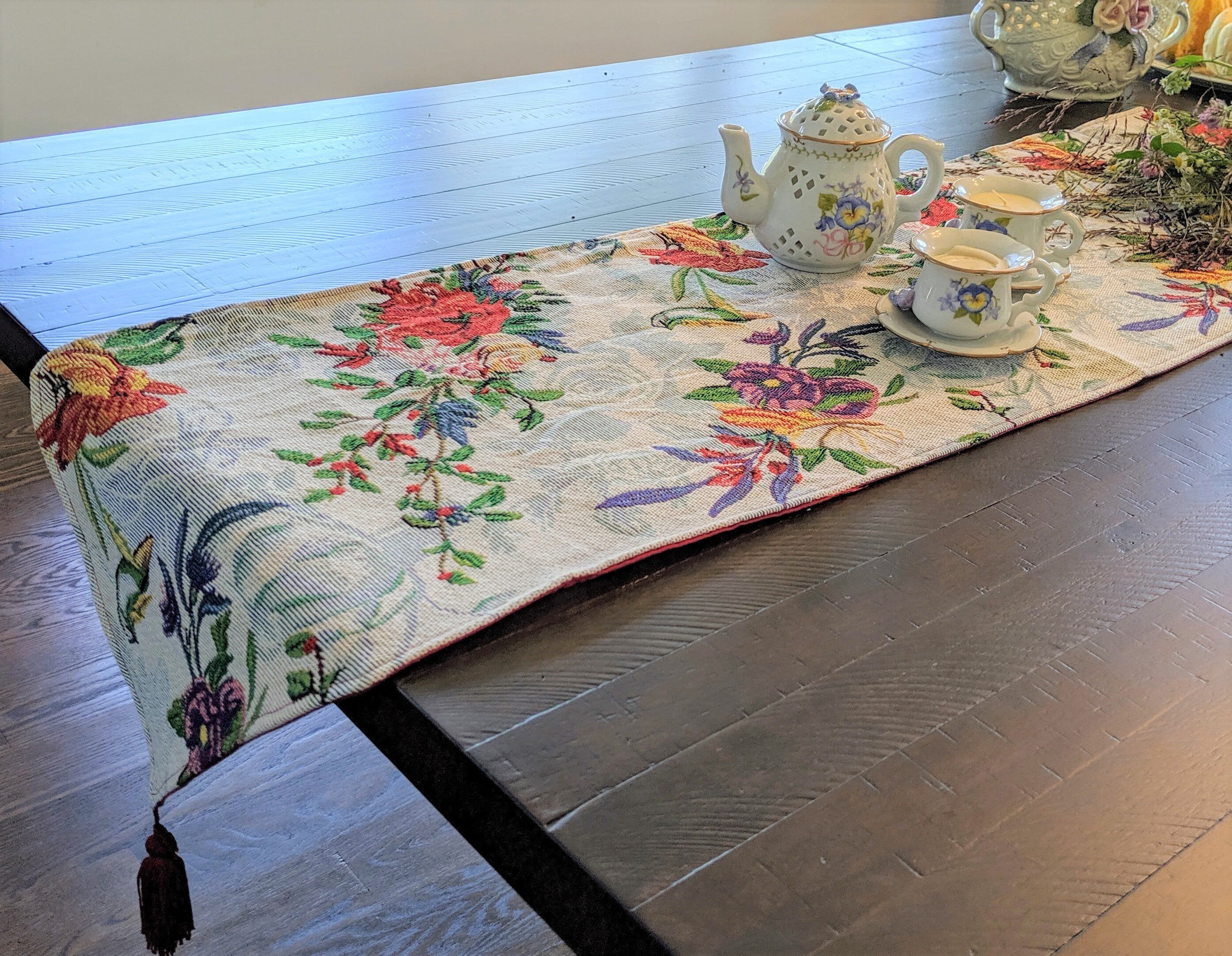 Floral Roses Tropical Paradise Birds Woven Tapestry Dining Table Runner (18116)