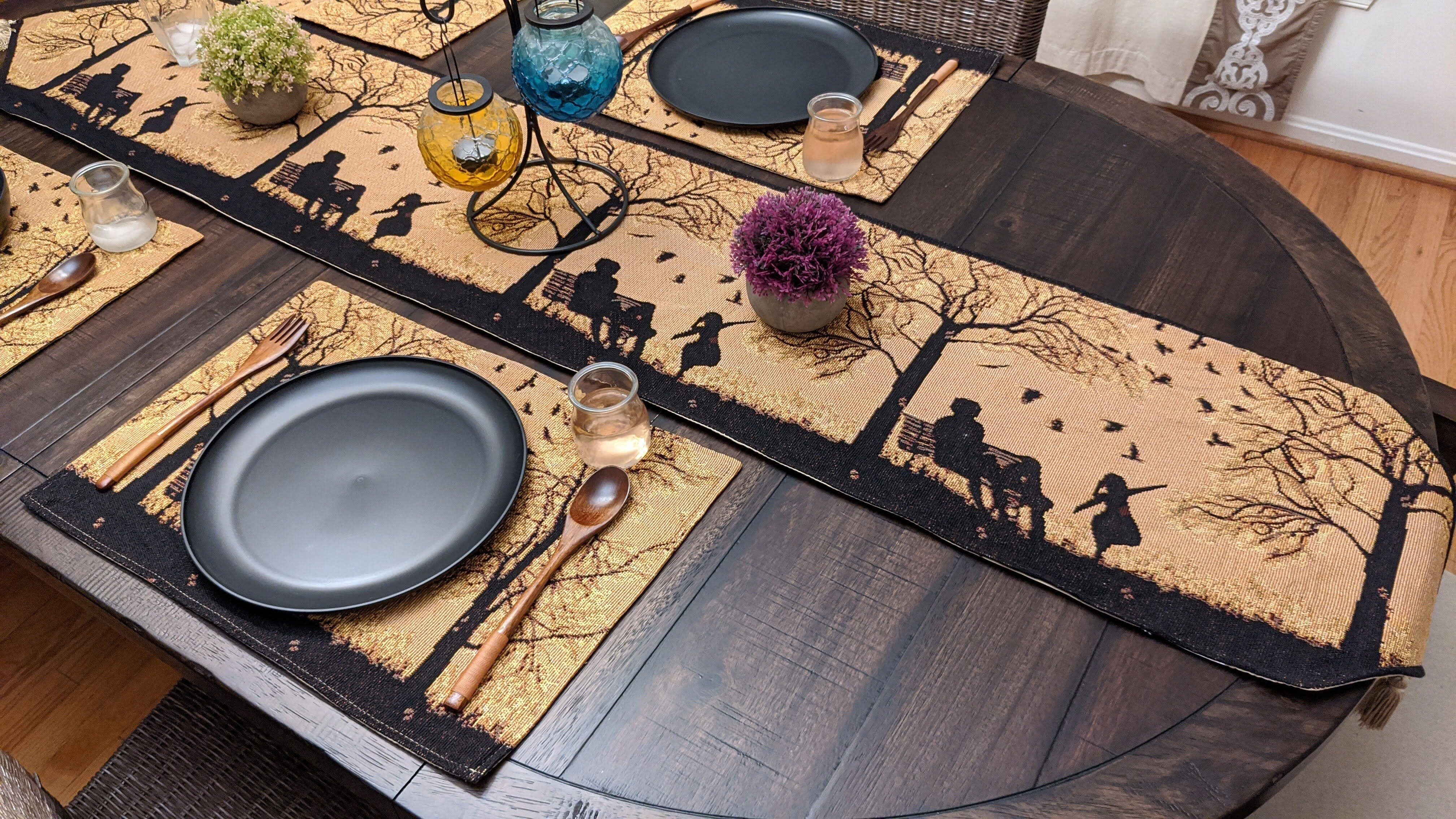 Autumn Birds Family Gathering Woven Tapestry Dining Table Runner (18198)