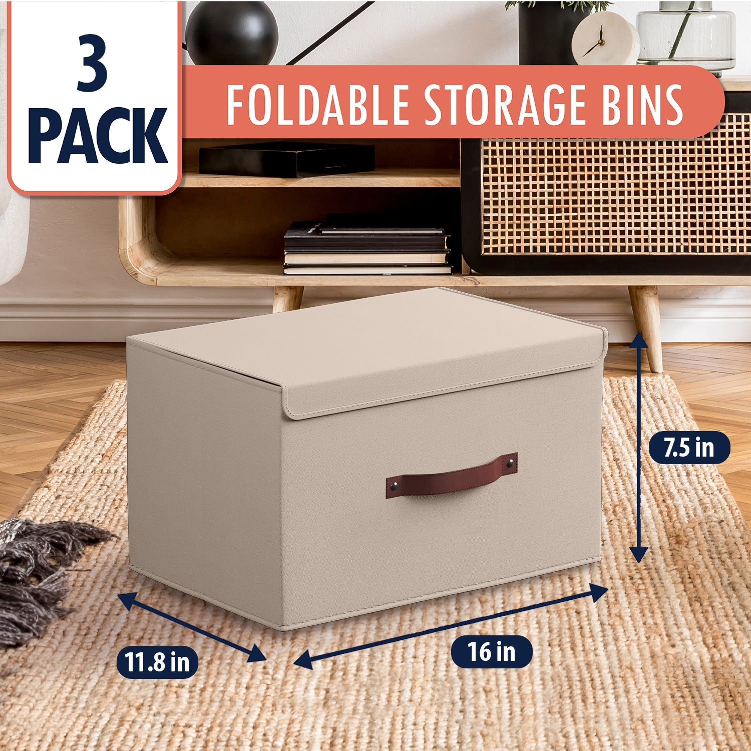 Foldable Linen Large Storage Bin with Leather Handles and Lid - Set of 3