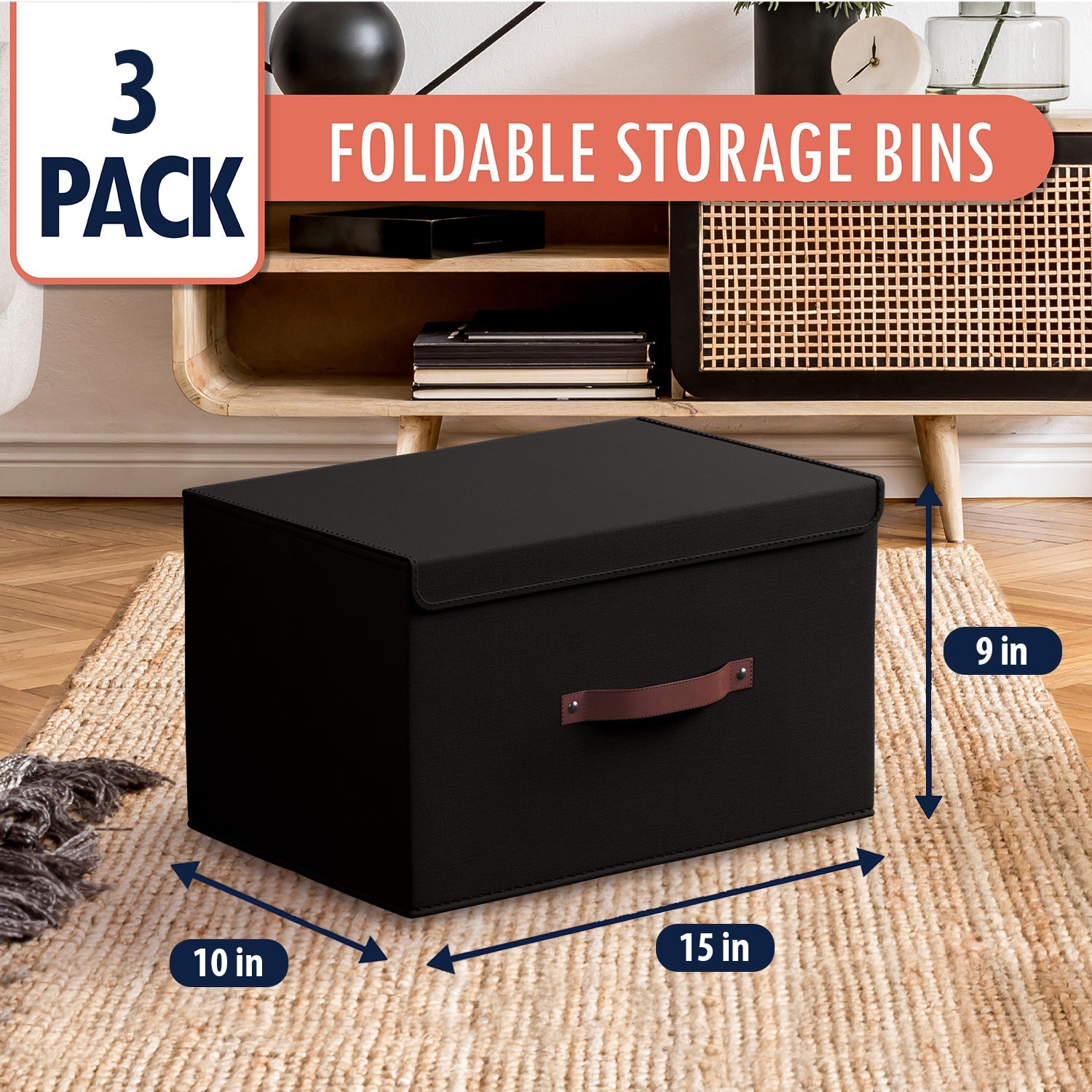 Foldable Linen Large Storage Bin with Leather Handles and Lid - Set of 3