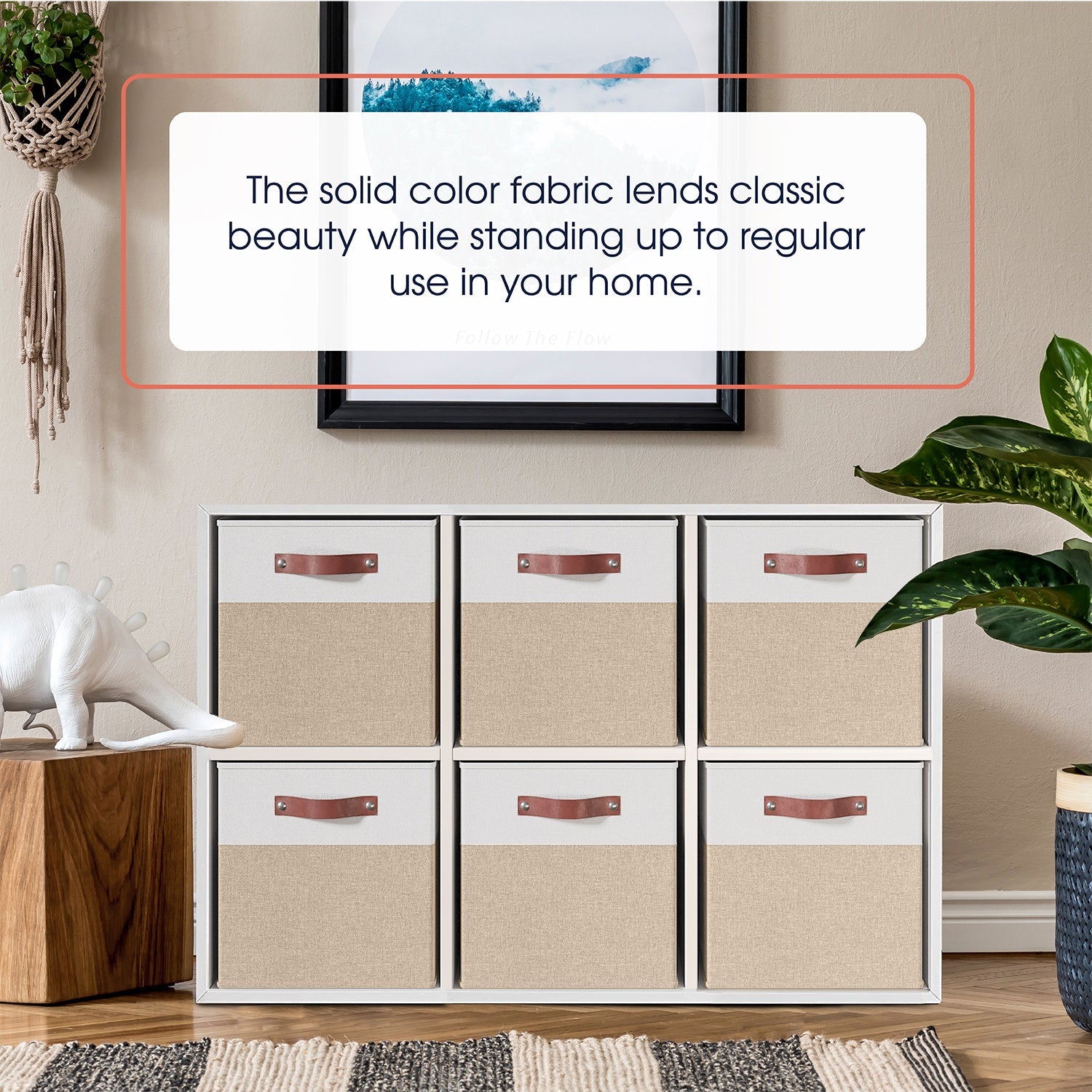 Foldable Linen Storage Cube Bin with Leather Handles - 11 Inch - Set of 6