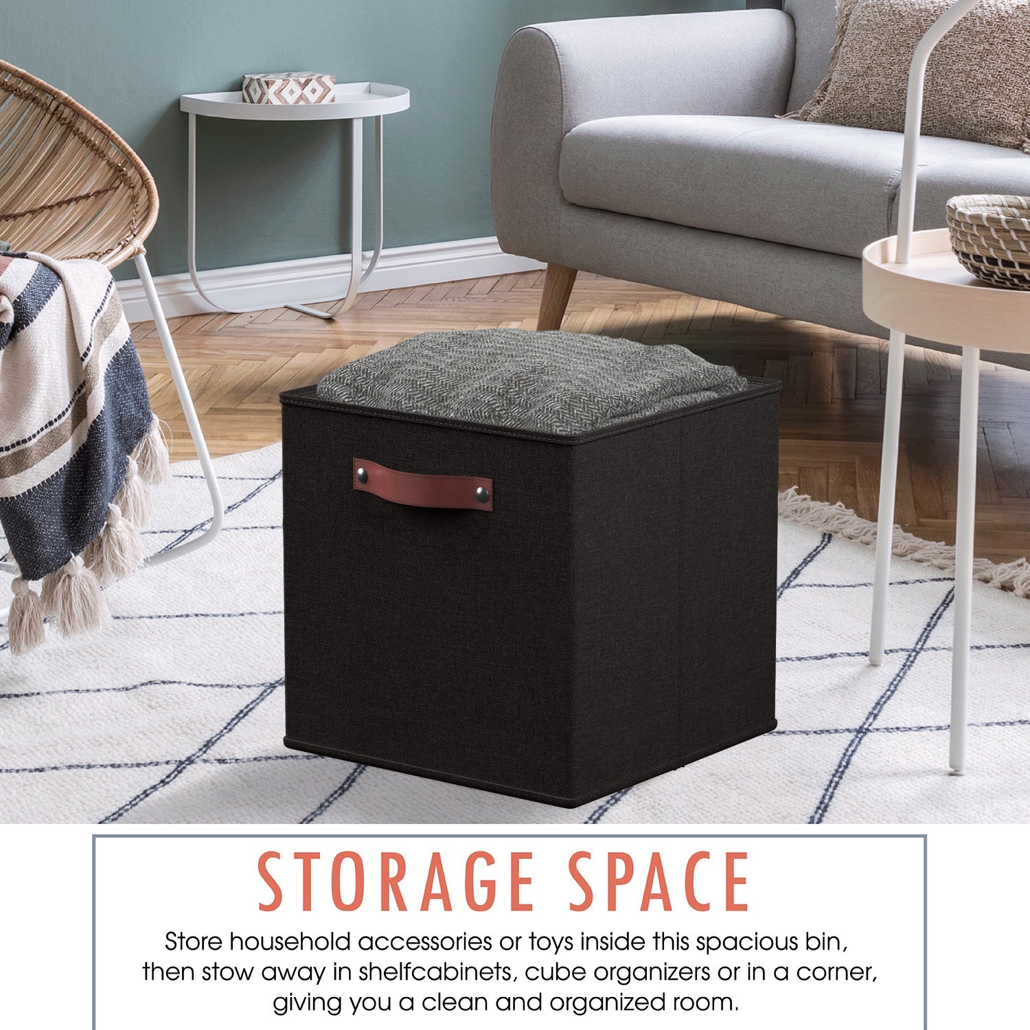 Foldable Linen Storage Cube Bin with Leather Handles - 13 Inch - Set of 6