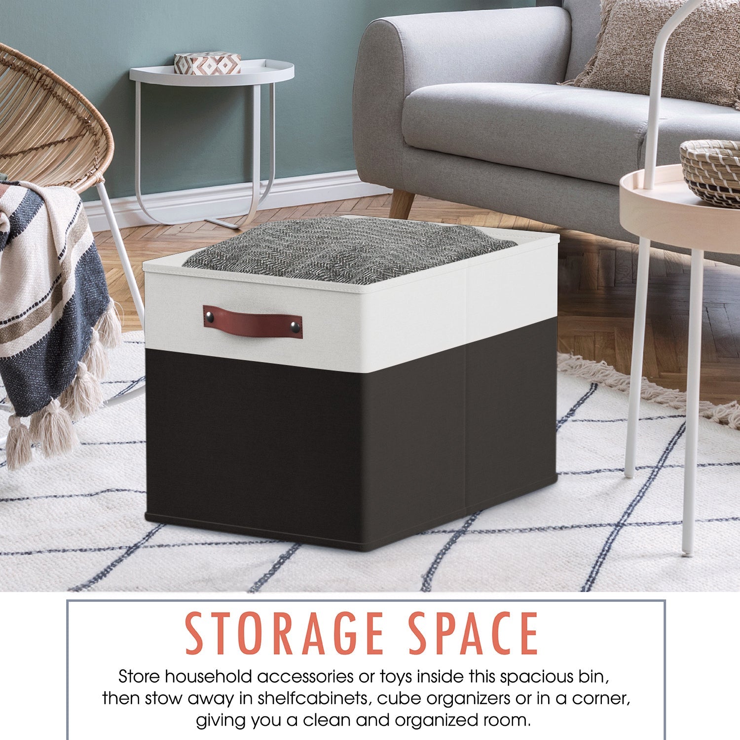 Foldable Linen Kallax Storage Cube Bin with Leather Handles – 13x15x13 Inch - Set of 6 White Black