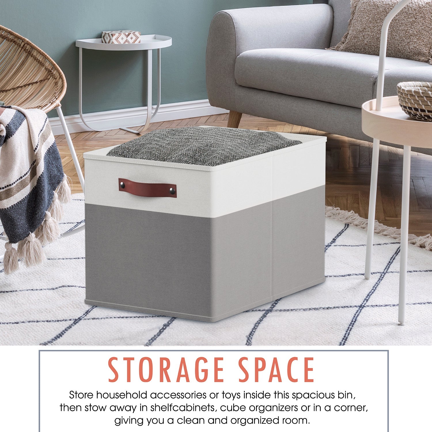 Foldable Linen Kallax Storage Cube Bin with Leather Handles – 13x15x13 Inch - Set of 6 White Gray