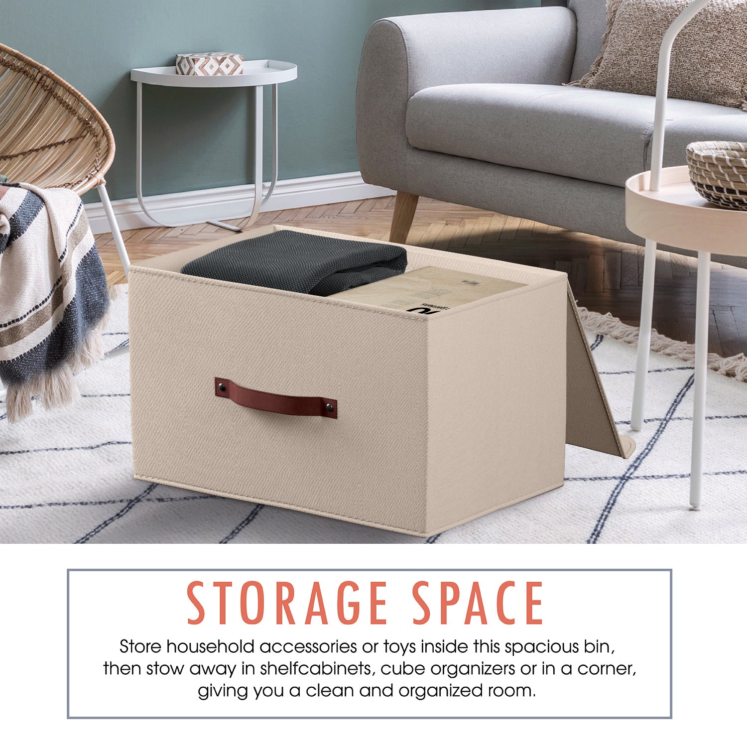 Foldable Linen Large Storage Bin with Leather Handles and Lid - Set of 6
