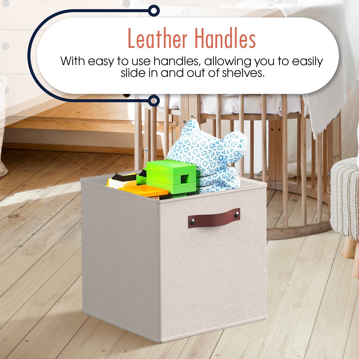 Foldable Linen Storage Cube Bin with Leather Handles - Set of 6