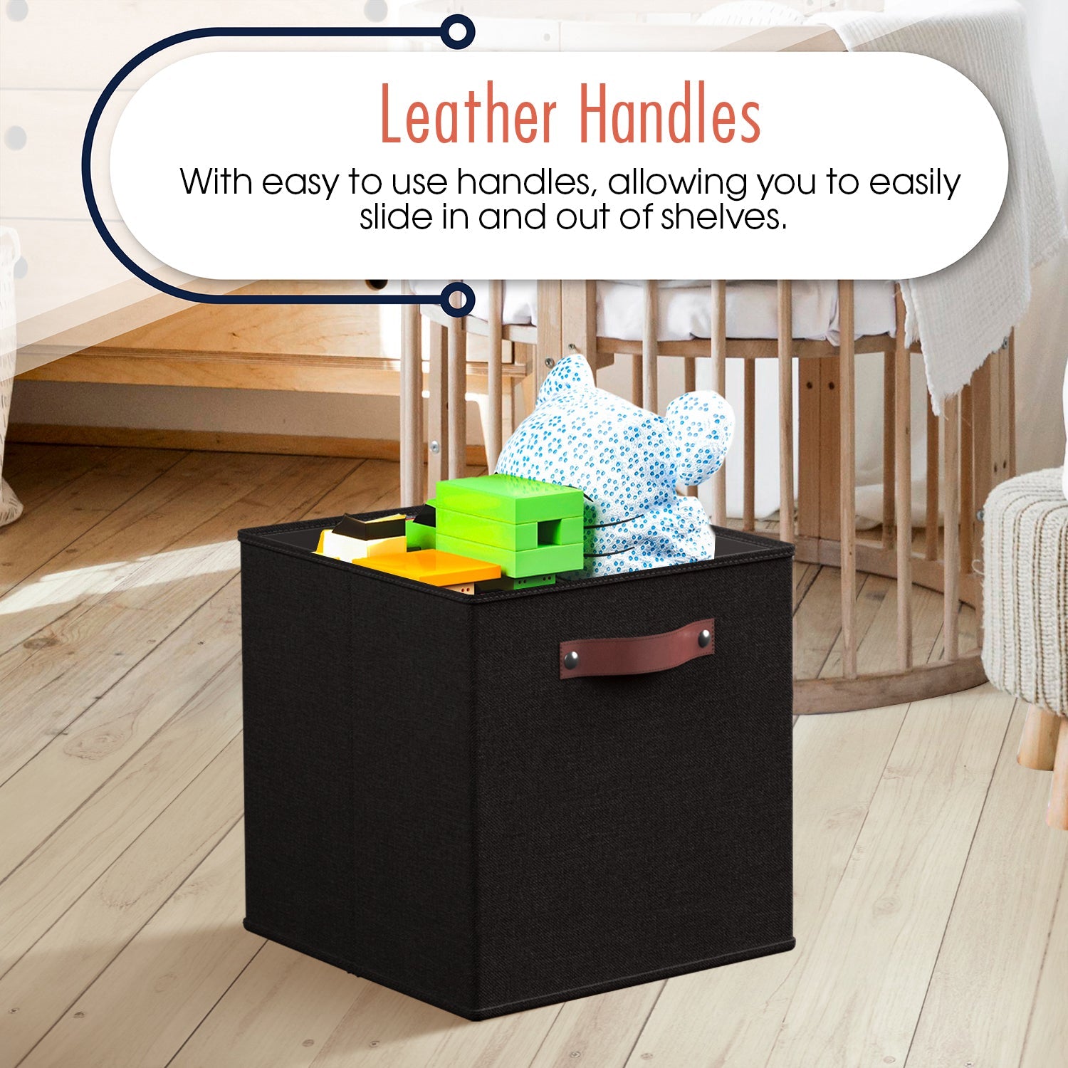 Foldable Linen Storage Cube Bin with Leather Handles - 13 Inch - Set of 6