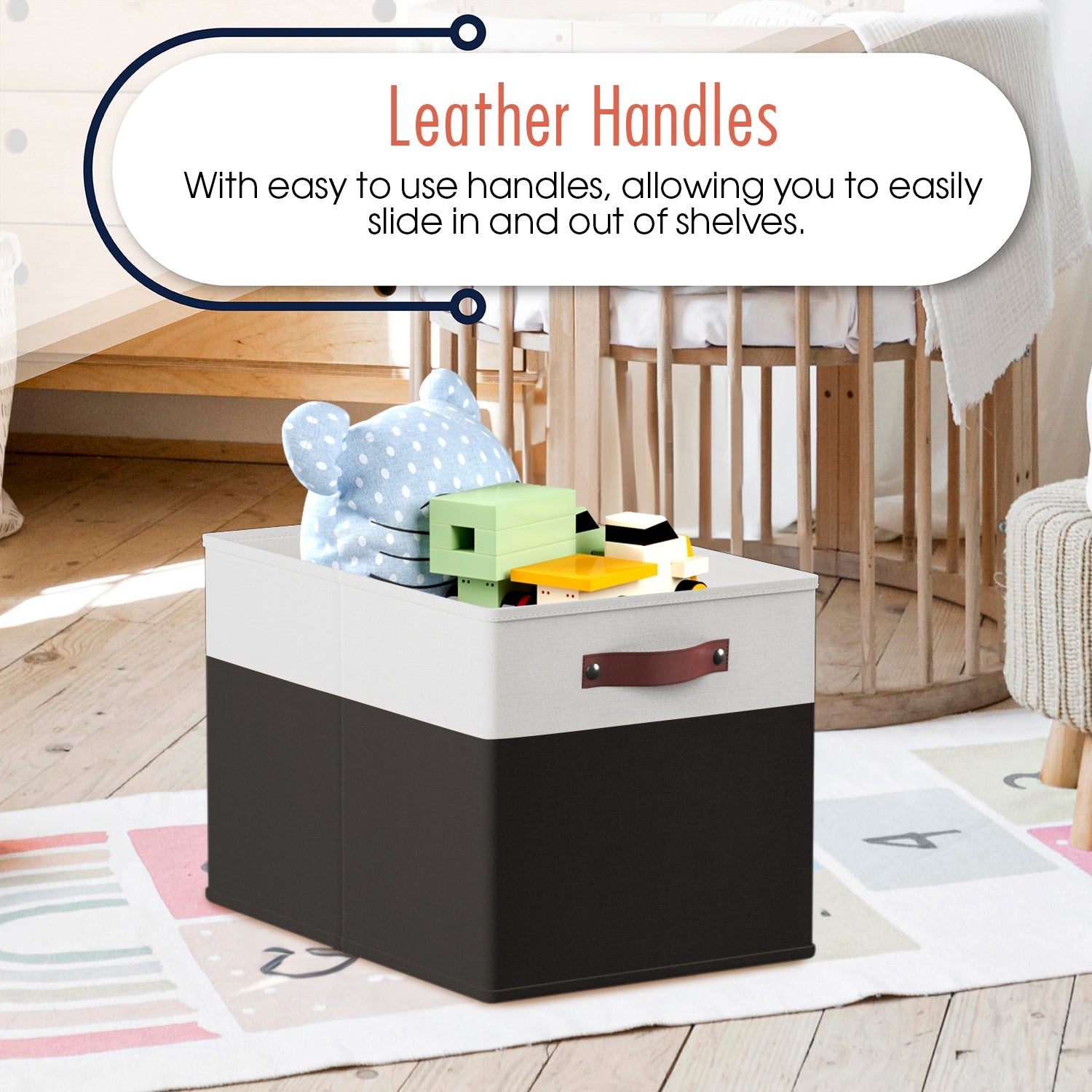 Foldable Linen Kallax Storage Cube Bin with Leather Handles – 13x15x13 Inch - Set of 6 White Black
