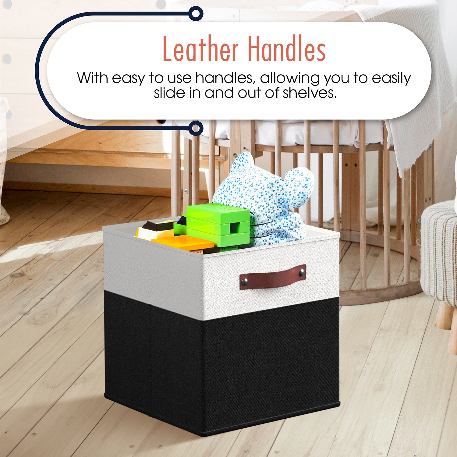 Foldable Linen Storage Cube Bin with Leather Handles - 11 Inch - Set of 6