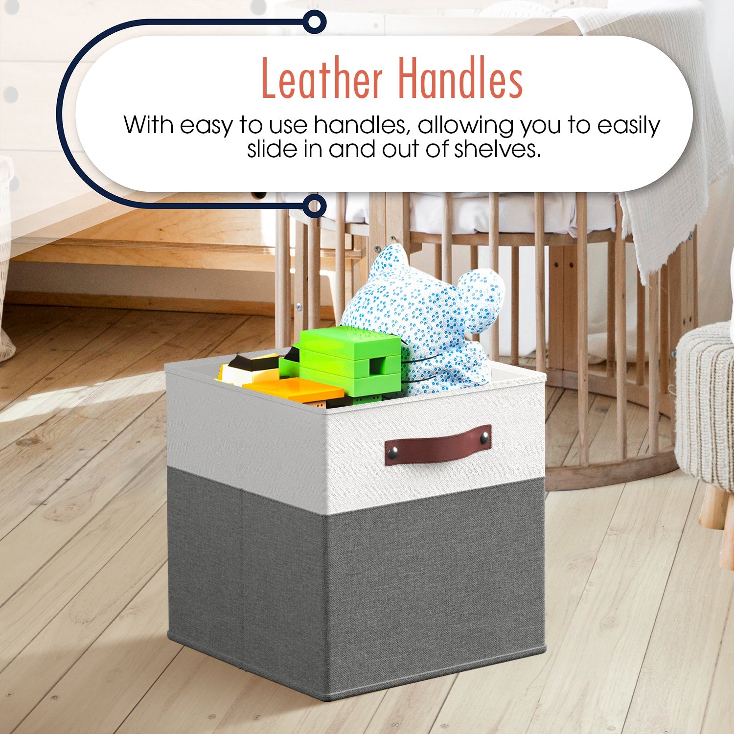 Foldable Linen Storage Cube Bin with Leather Handles - 11 Inch - Set of 6