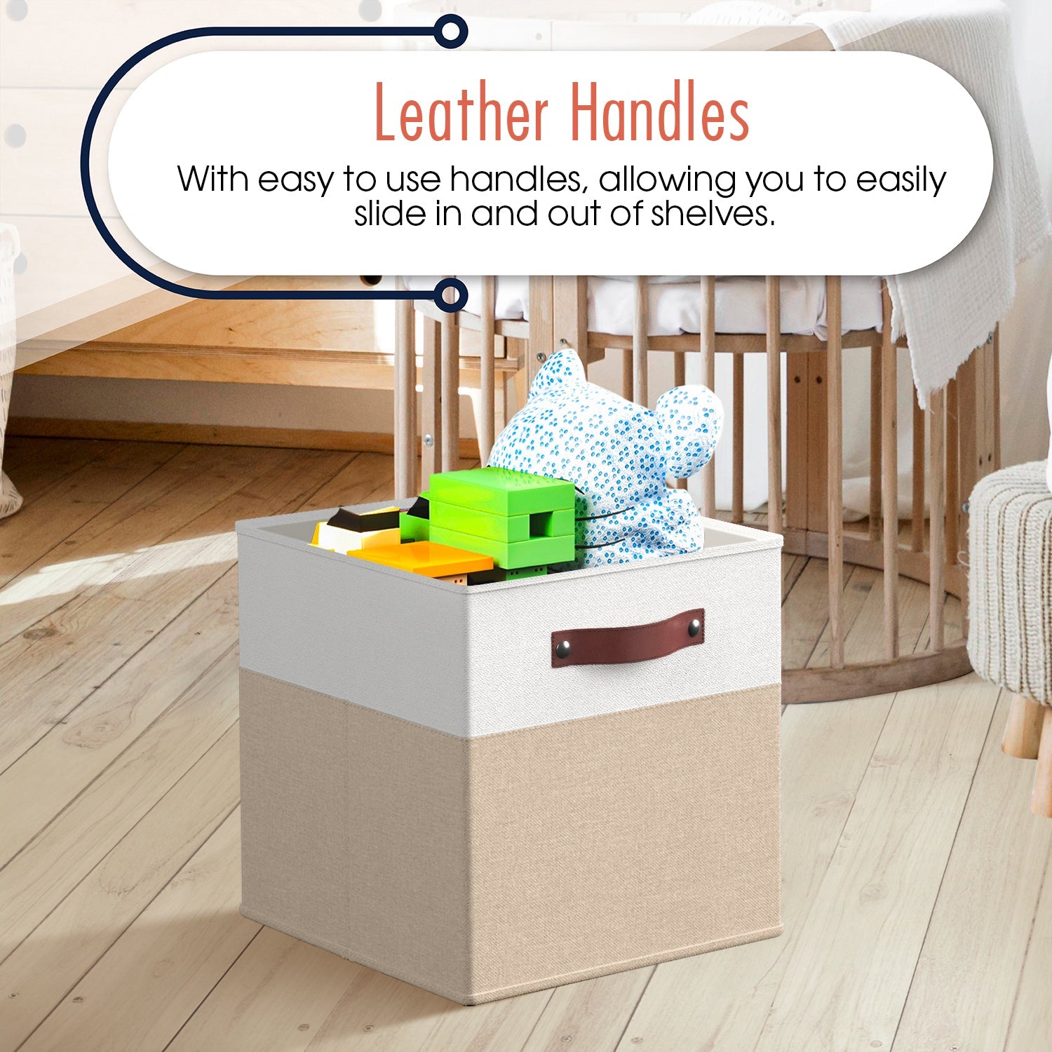 Foldable Linen Storage Cube Bin with Leather Handles - 11 Inch - Set of 6
