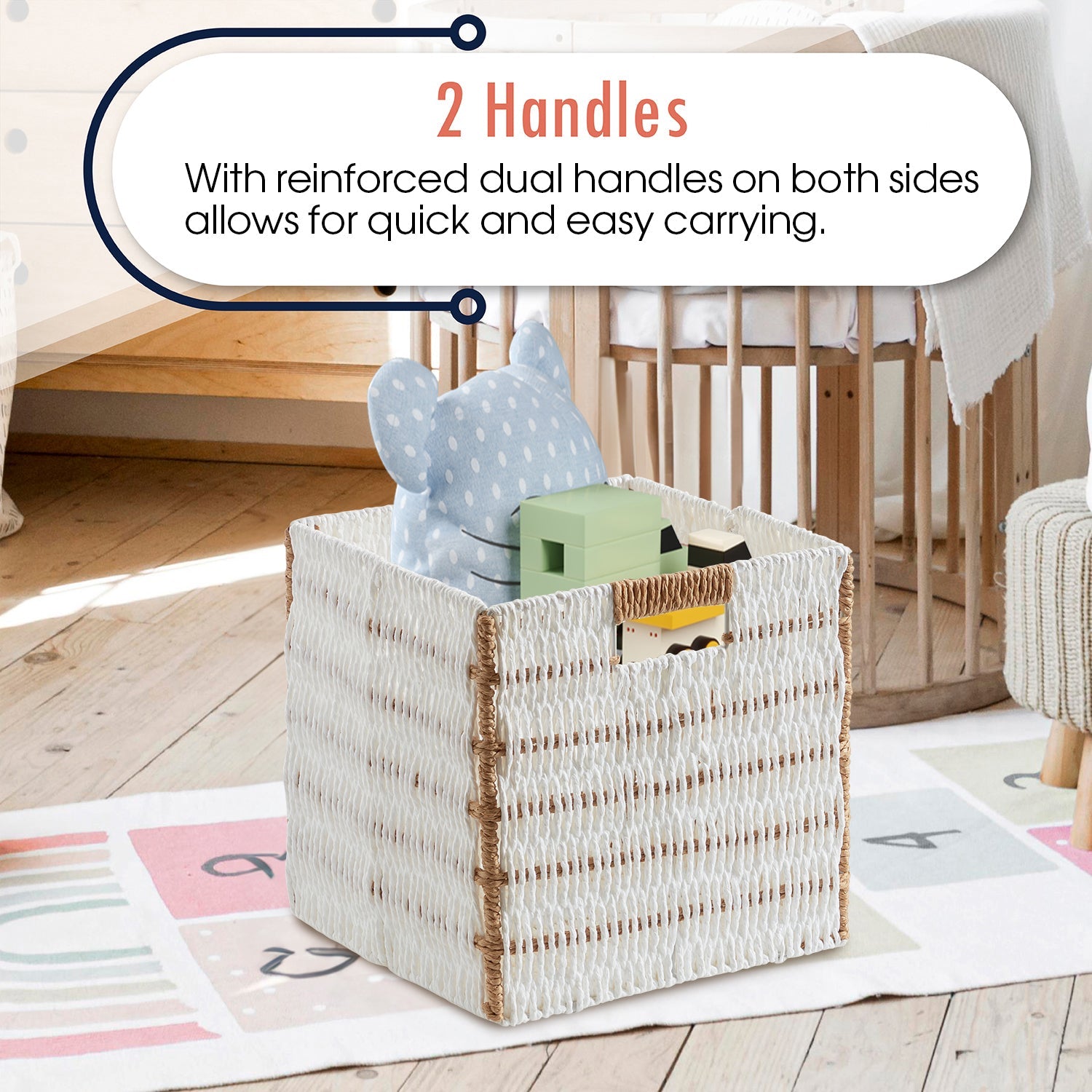 Foldable Paper Wicker Storage Shelf Basket Cube Bin with Handles - Set of 2