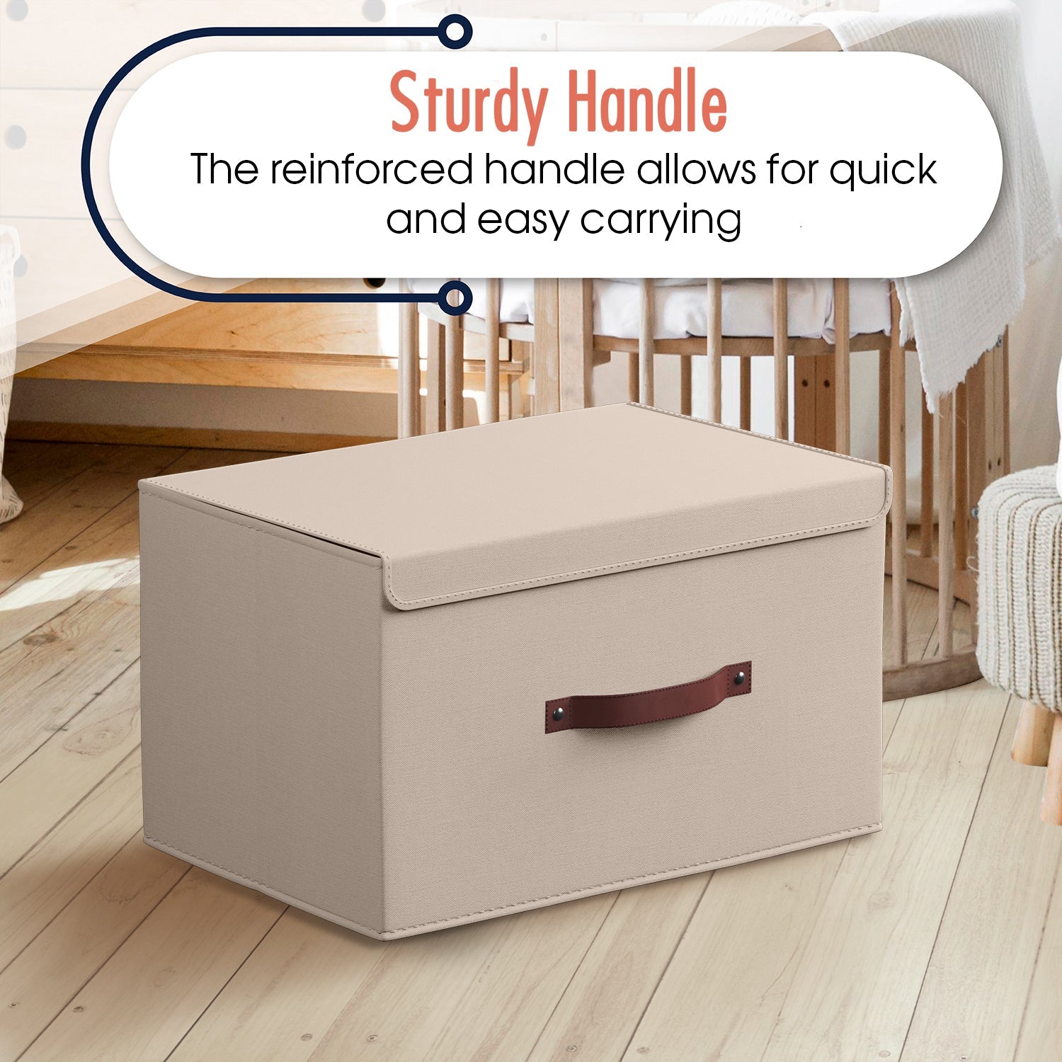 Foldable Linen Large Storage Bin with Leather Handles and Lid - Set of 3