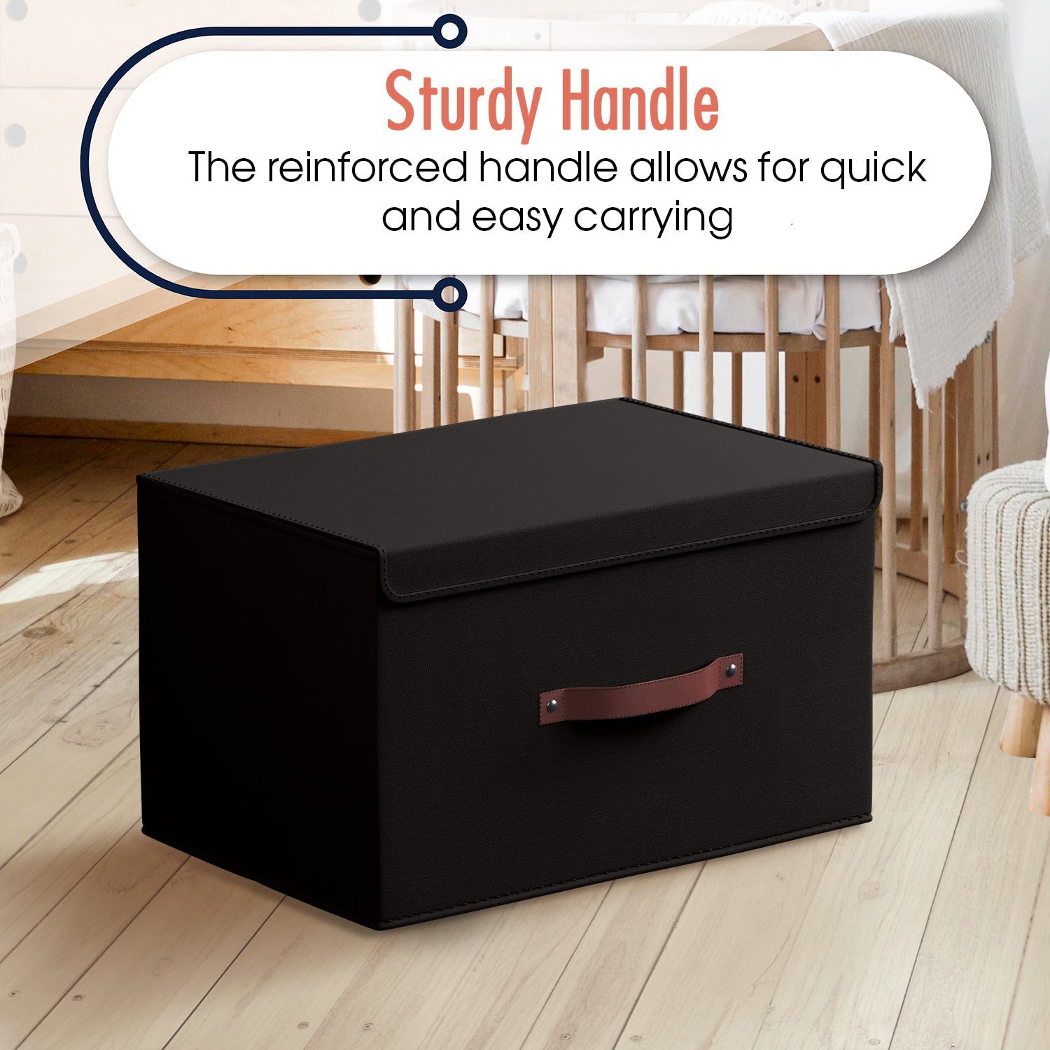 Foldable Linen Large Storage Bin with Leather Handles and Lid - Set of 3