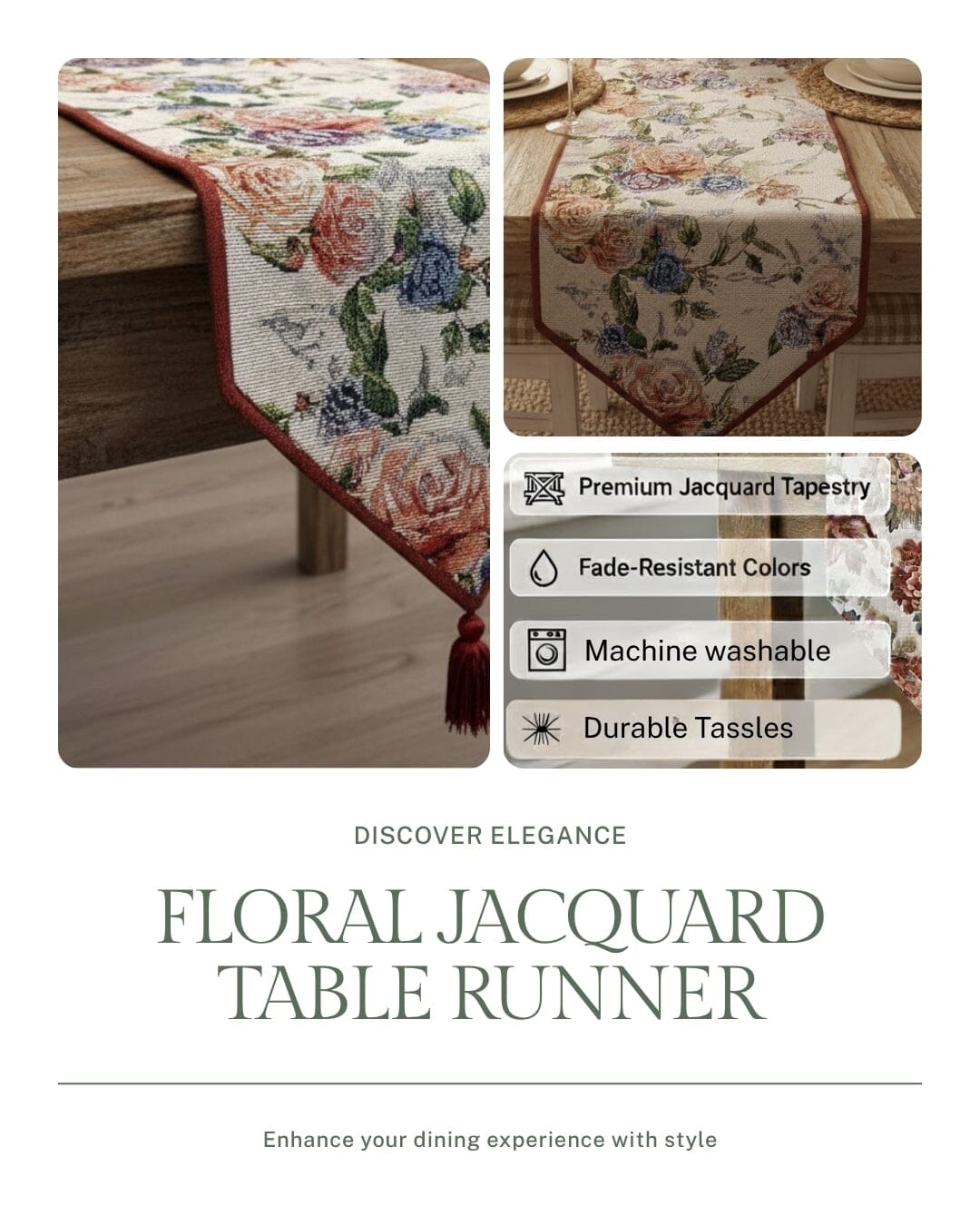 Vintage Romantic Roses Lovely Pink Floral Woven Tapestry Dining Table Runner (879)