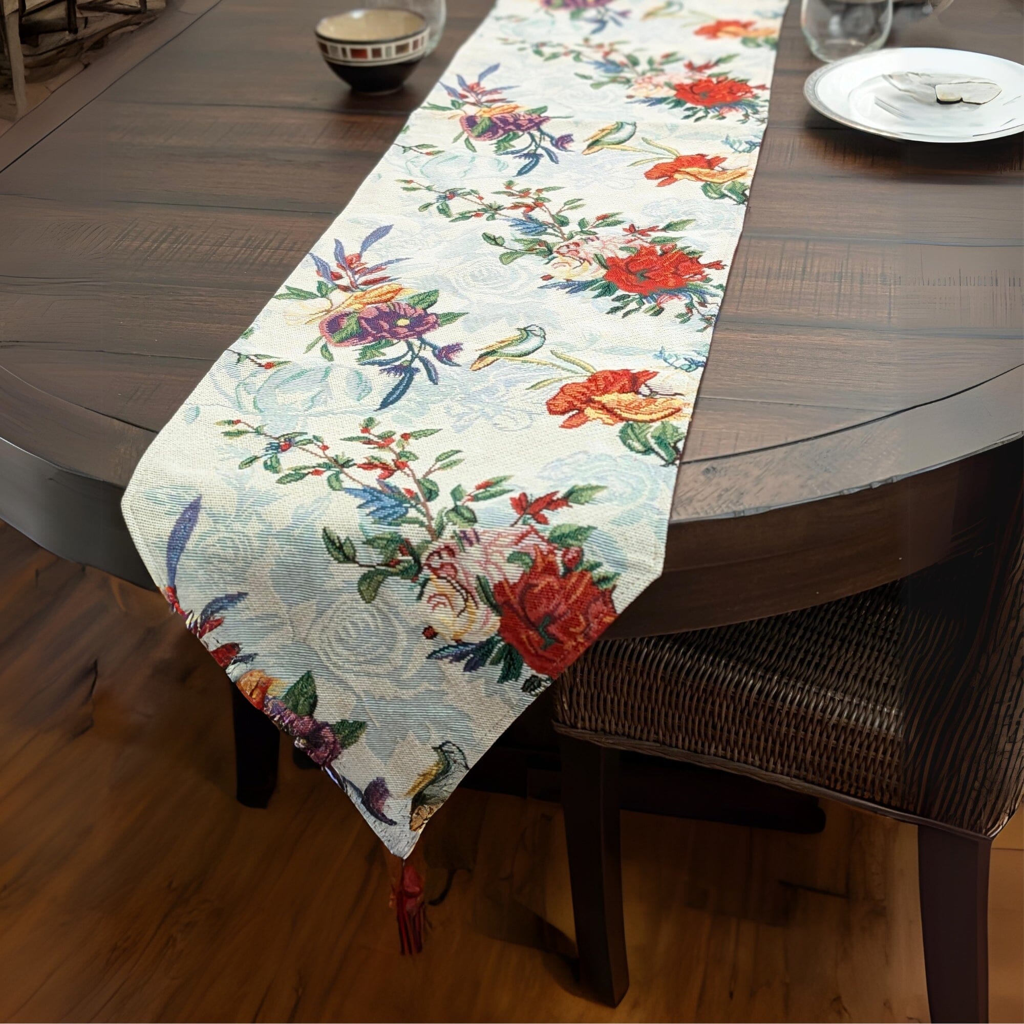 Floral Roses Tropical Paradise Birds Woven Tapestry Dining Table Runner (18116)