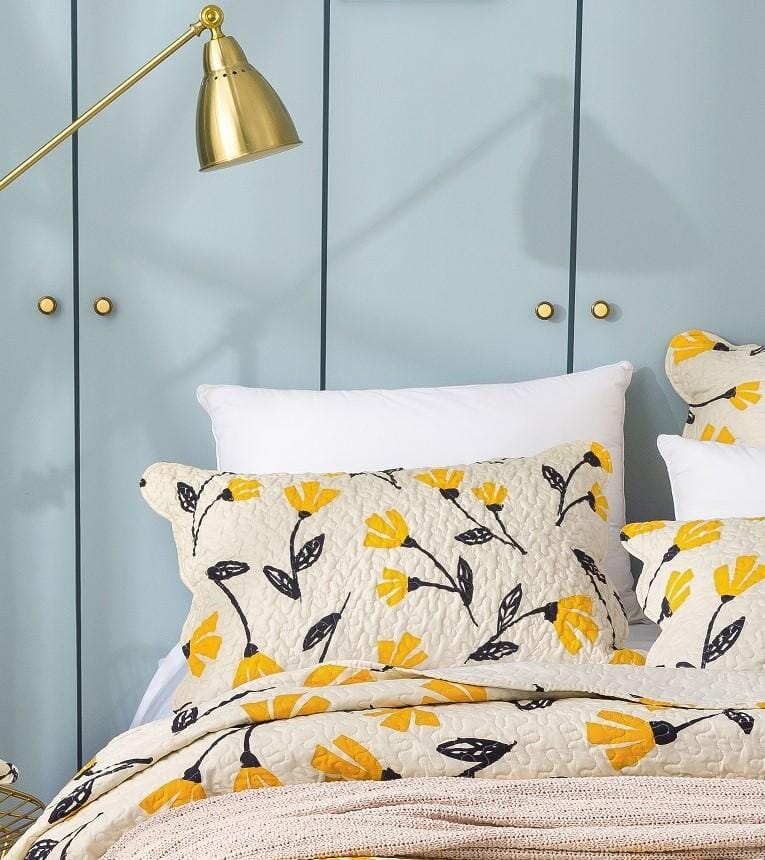 Yellow Fleur Floral Golden Orange Ivory Botanical Quilted Scalloped Pillow Sham (18112)