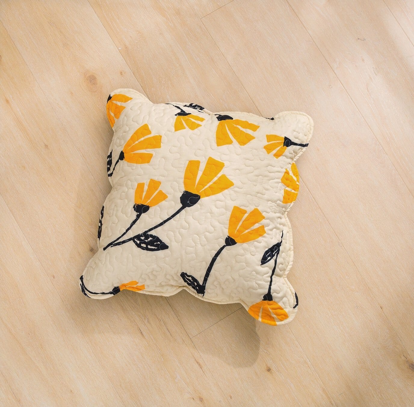 Set of 2-Pieces Yellow Fleur Floral Golden Orange Ivory Cream Scalloped Throw Pillow Covers, 18" x 18" (18112)