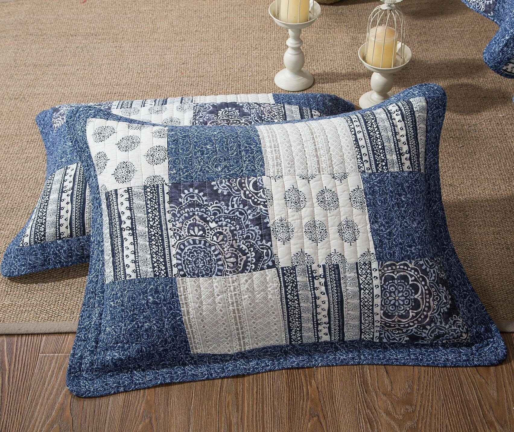 Denim Blue Elegance Floral Patchwork Farmhouse Pillow Sham (JHW660)