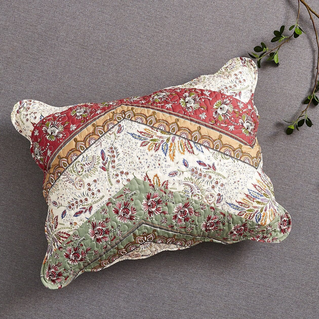 Bohemian Cranberry Sage Chevron Patchwork Floral Pillow Sham (JHW924)