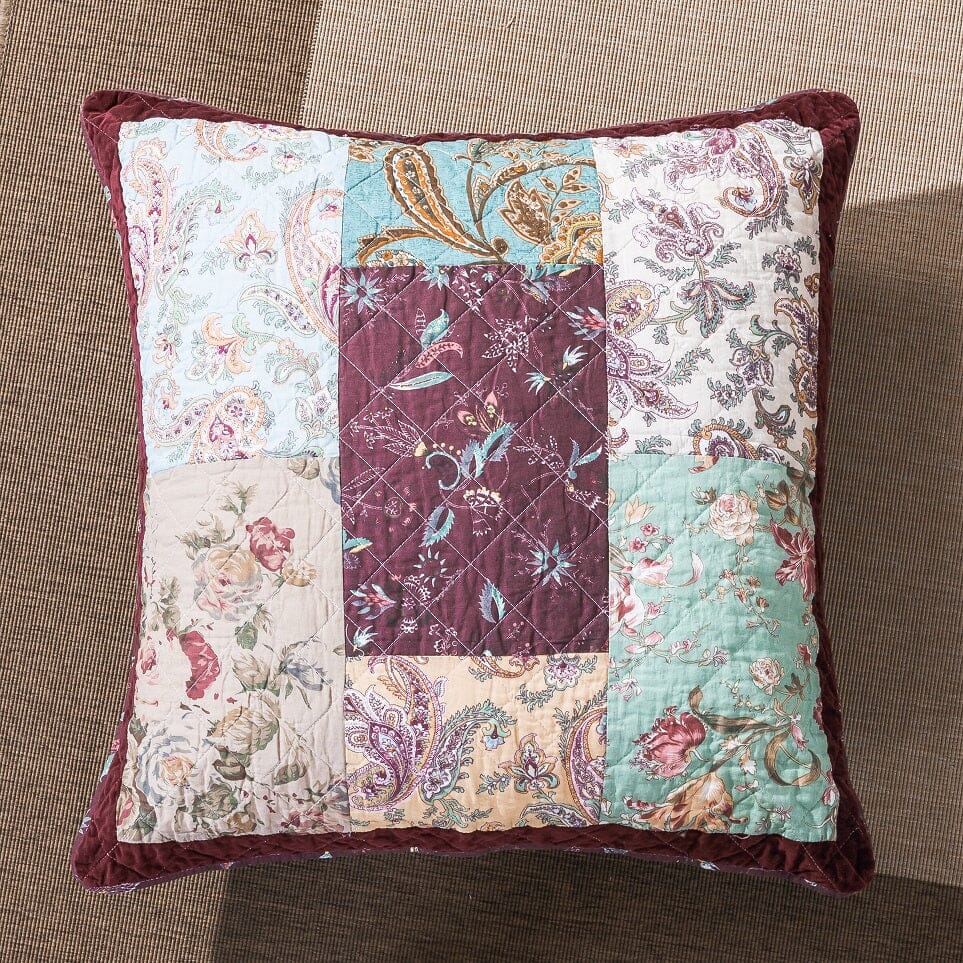 Patchwork Burgundy Red Velvet Floral Euro Pillow Cover, 26" x 26" (JHW-868)