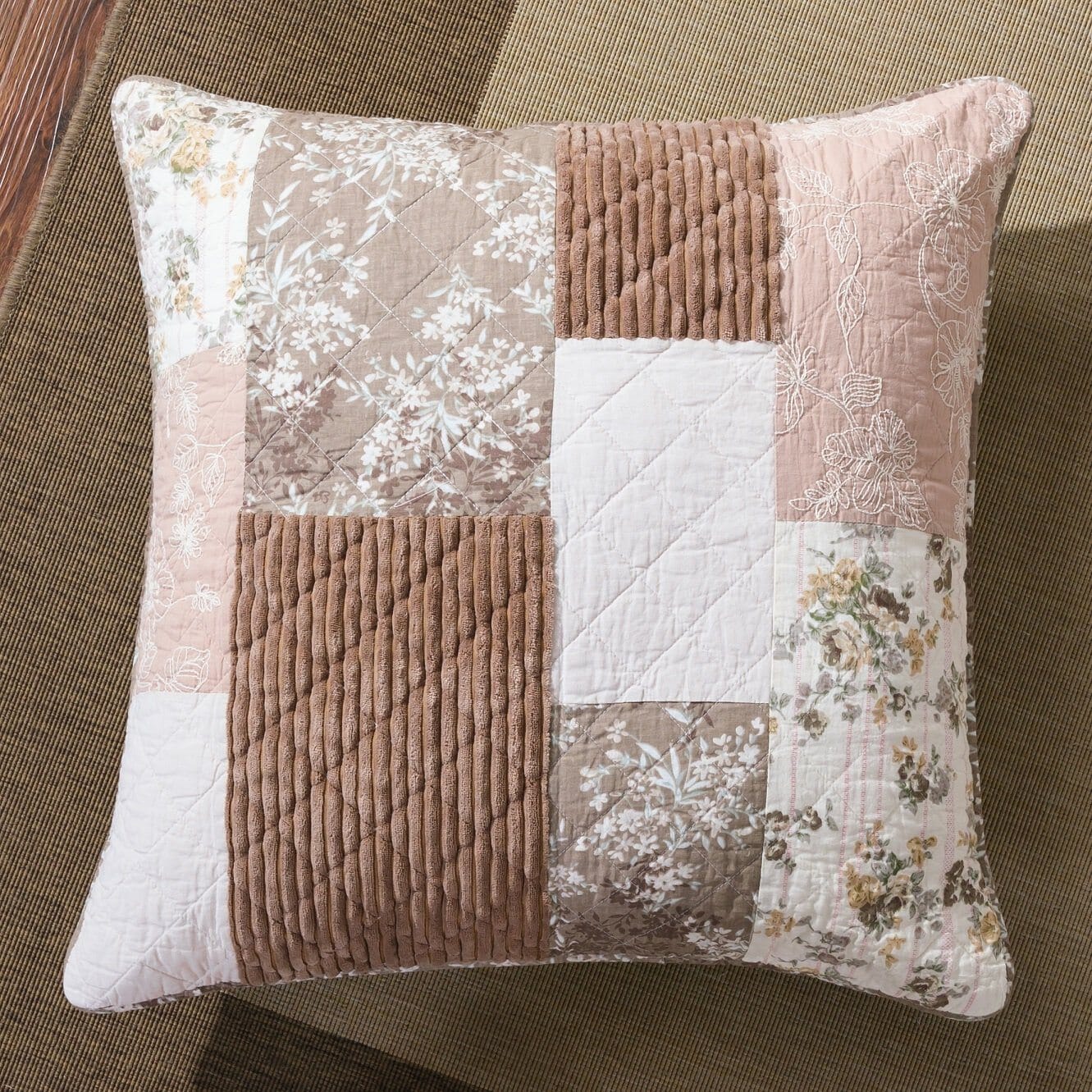 Vintage Patchwork Dusty Rose Taupe & Tan Beige Brown Floral Euro Pillow Sham Cover, 26" x 26" (JHW866)