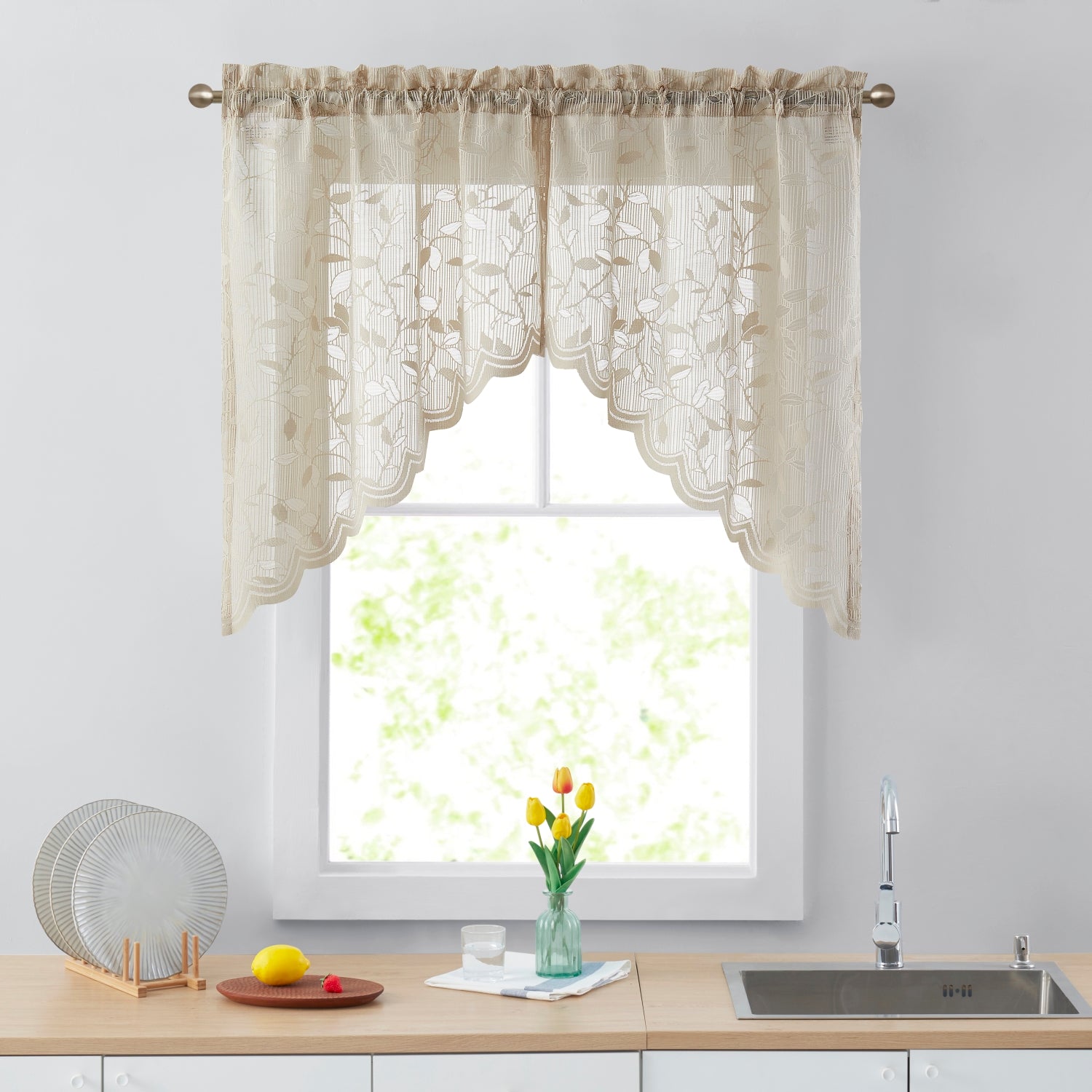 HLC.ME Jolene Lace Swag Curtains - Floral Rod Pocket, 28x36 Inches, Set Of 2, For Small Windows & Kitchens