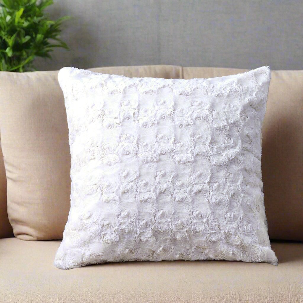 Luxury White Roses Swirls Faux Fur Euro Cushion Throw Pillow Cover (K11)