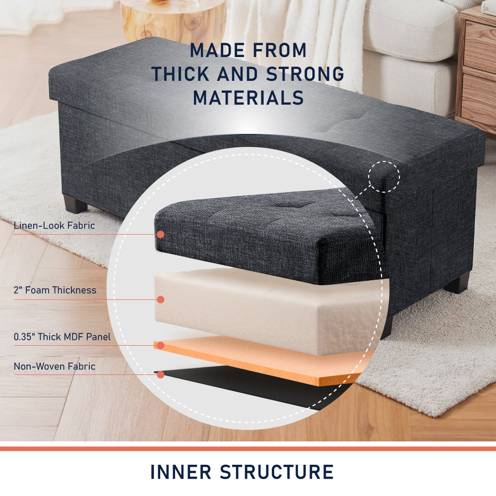 Foldable Tufted 43 Inch Long Linen Bench Storage Ottoman with Legs - Black