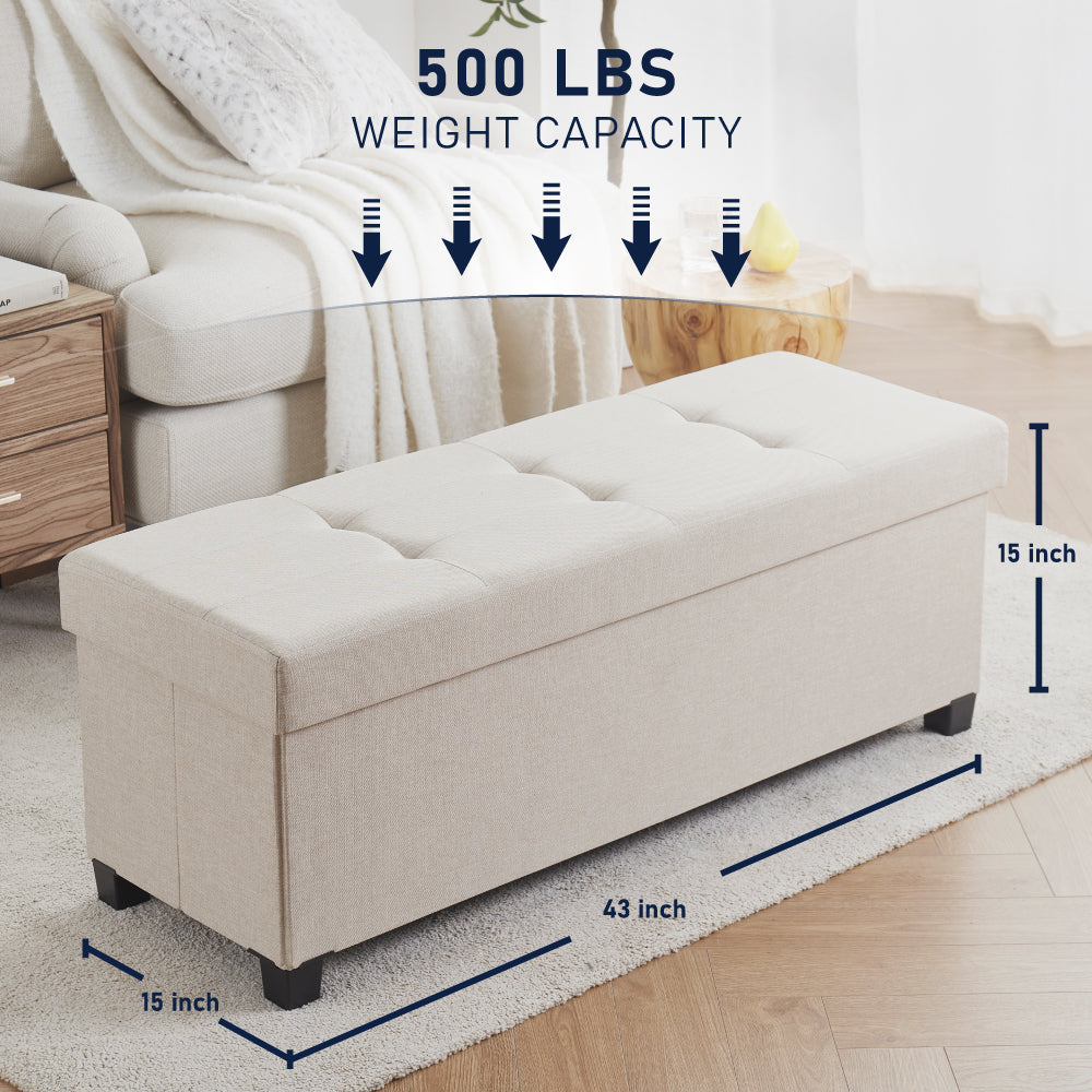 Foldable Tufted 43 Inch Long Linen Bench Storage Ottoman with Legs