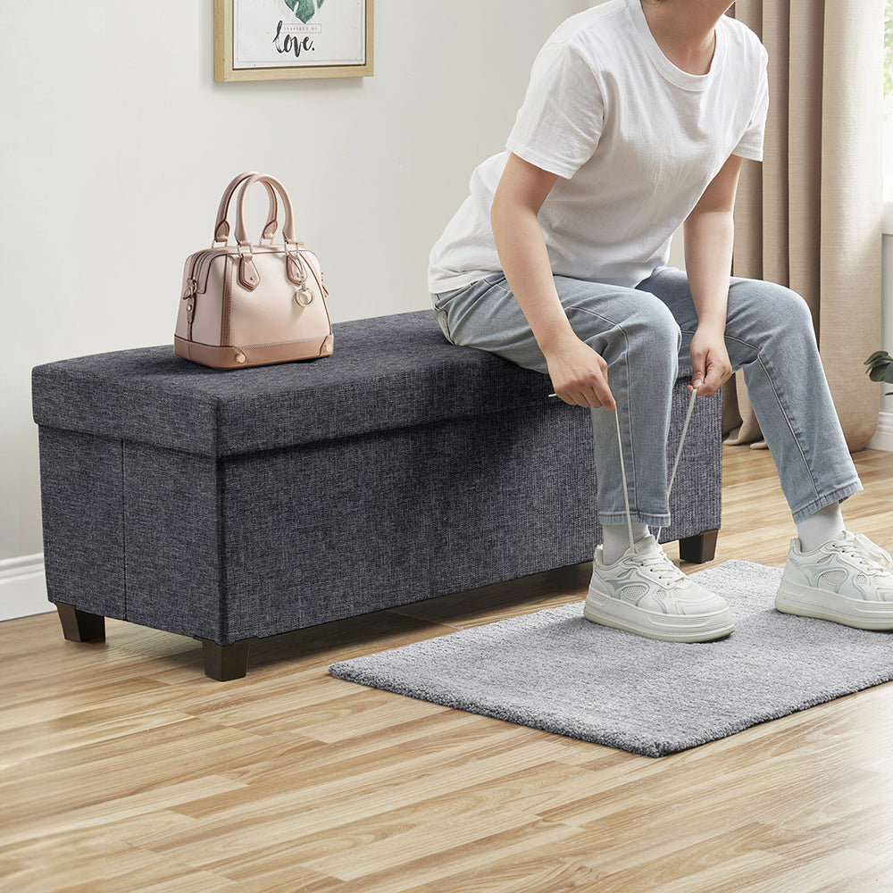 Foldable Tufted 43 Inch Long Linen Bench Storage Ottoman with Legs - Charcoal Gray