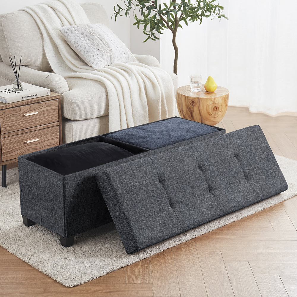 Foldable Tufted 43 Inch Long Linen Bench Storage Ottoman with Legs