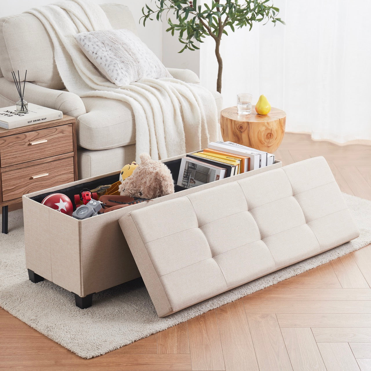 Foldable Tufted 43 Inch Long Linen Bench Storage Ottoman with Legs