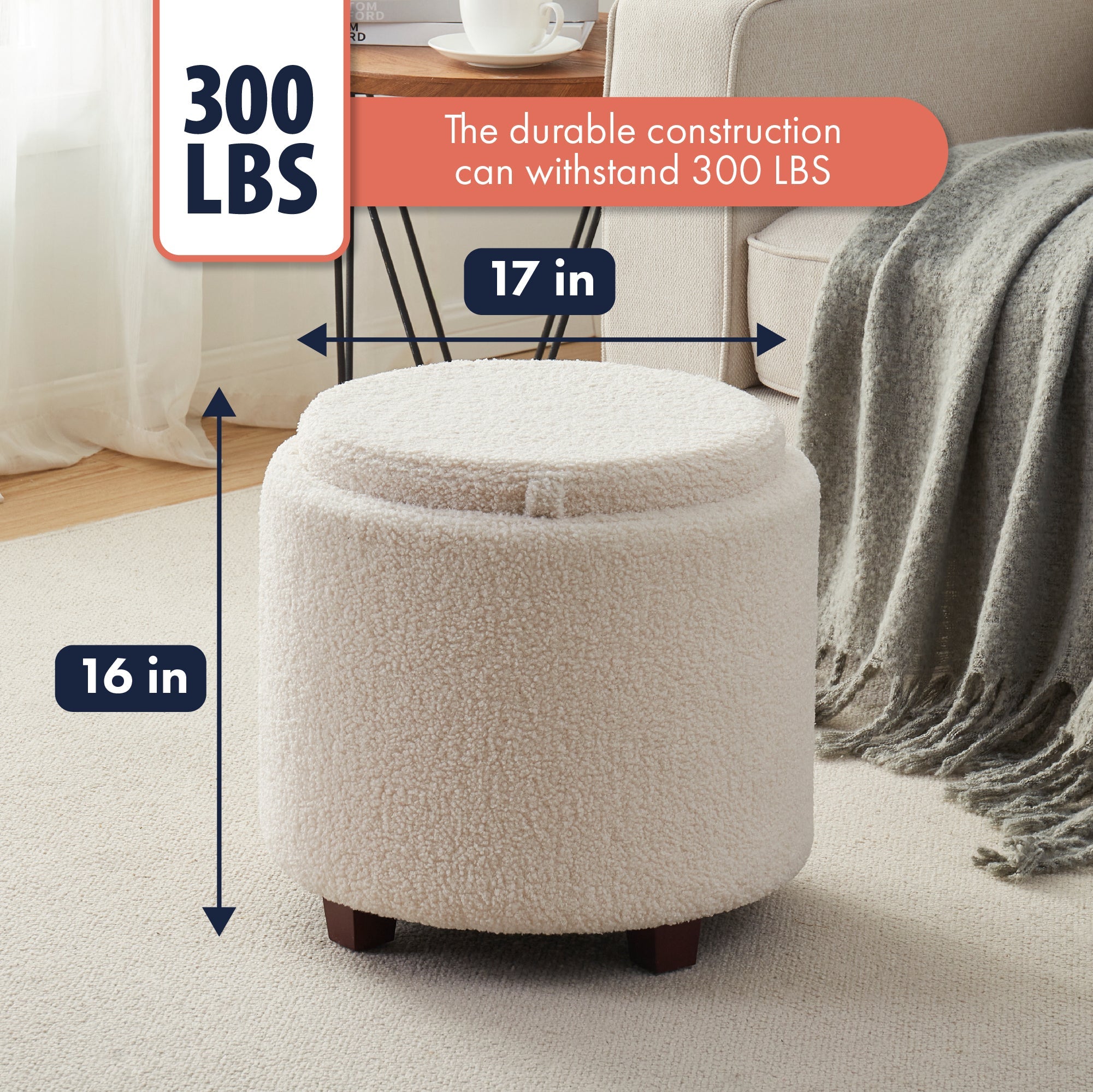 Lawrence Round Boucle White Storage Ottoman with Table Top Lid